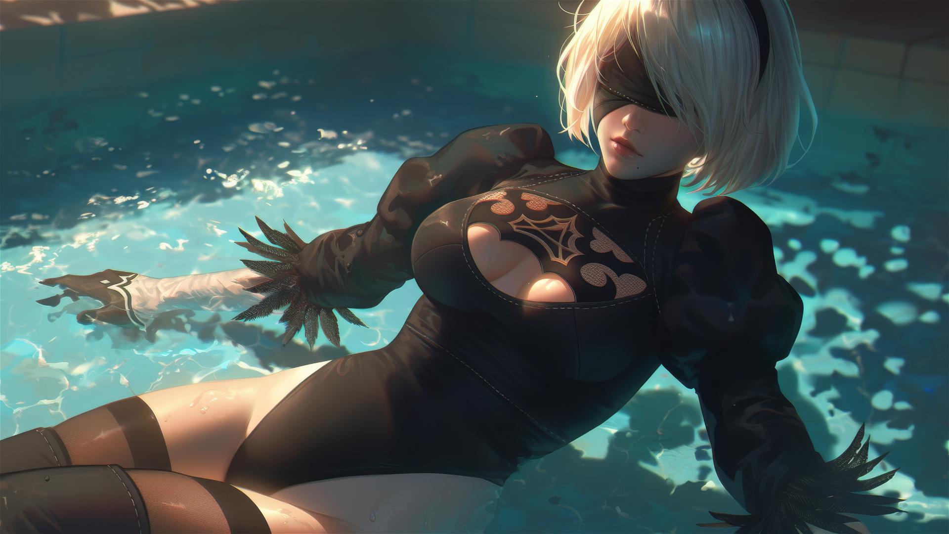 2B lounging at a rainy pool under moonlight