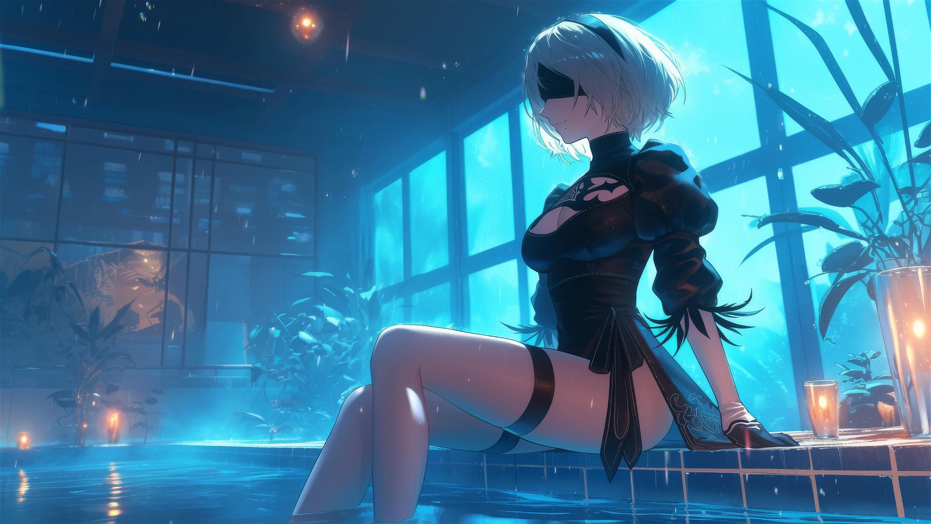 2B from Nier sitting by a rainy swimming pool with moonlight glow
