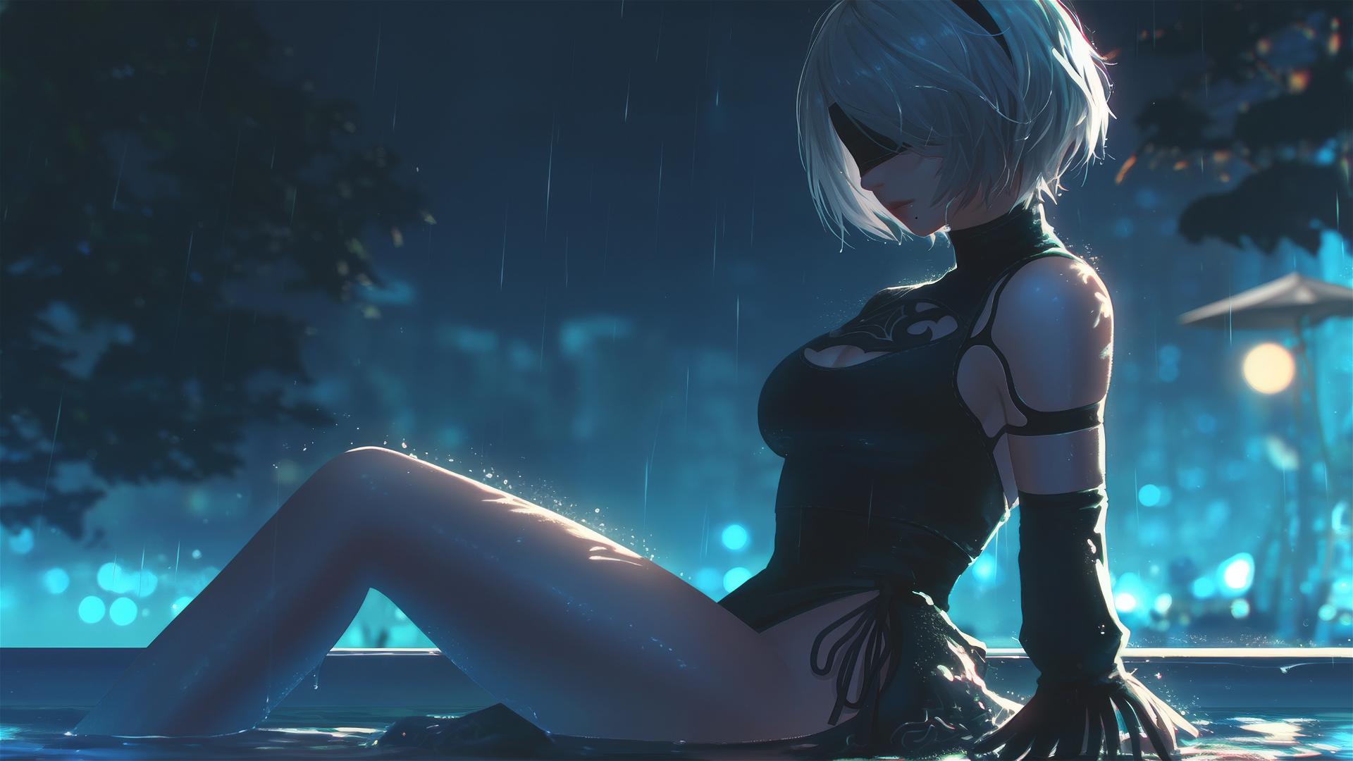 2B from Nier sits by a moonlit pool, rain gently falling