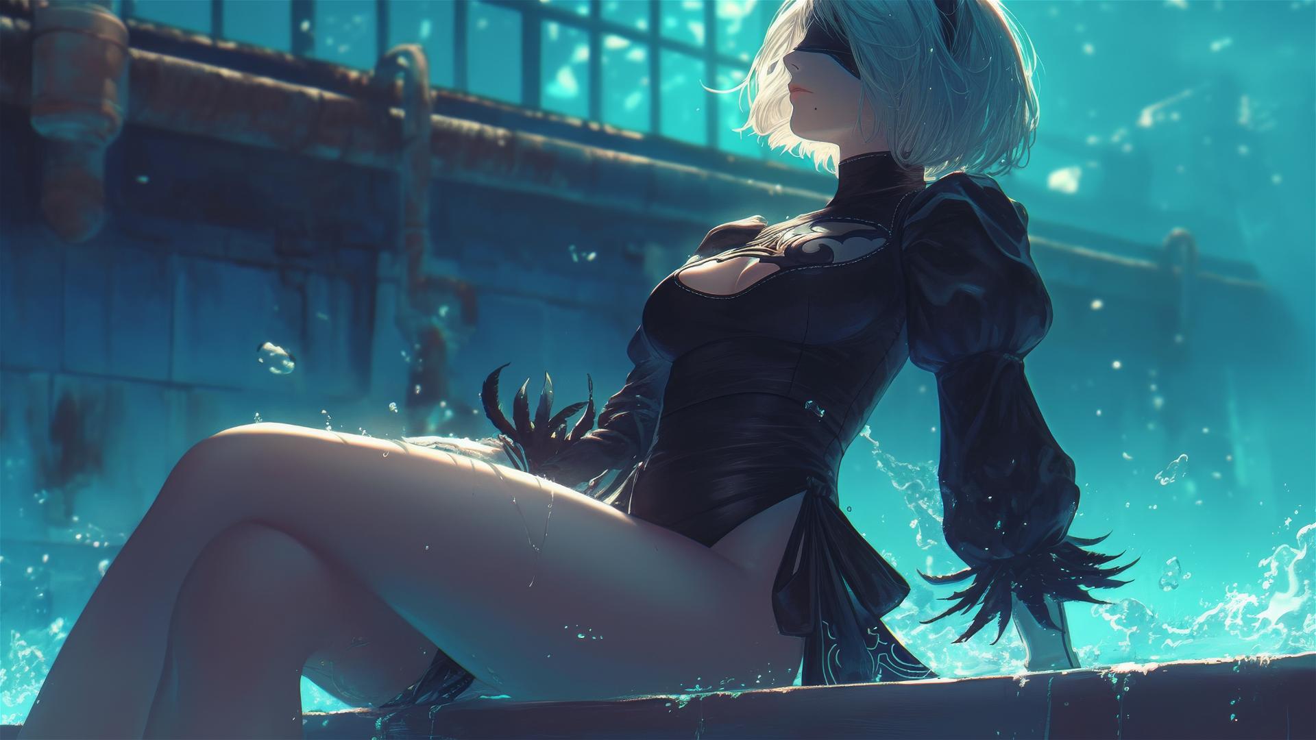 2B from Nier resting at a rainy swimming pool under moonlight.