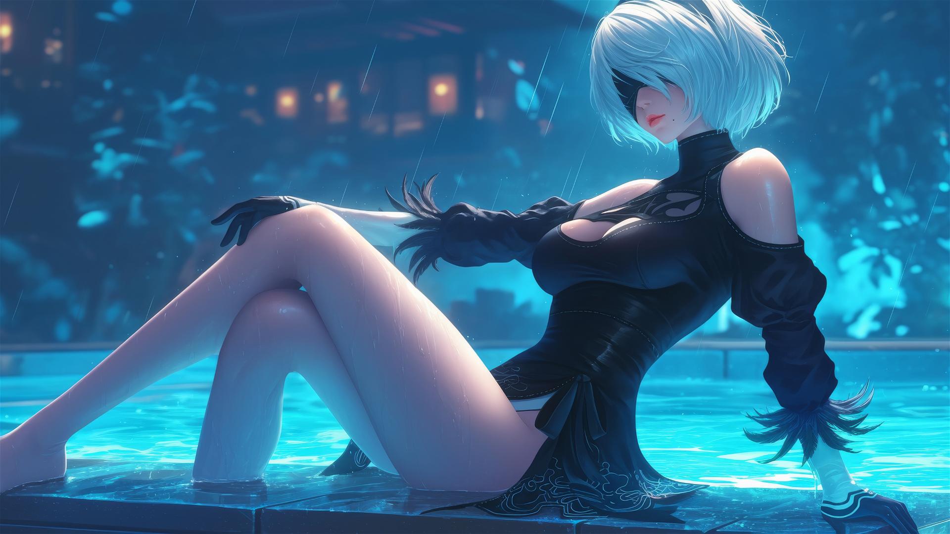 2B from Nier resting at a rainy swimming pool with moonlight
