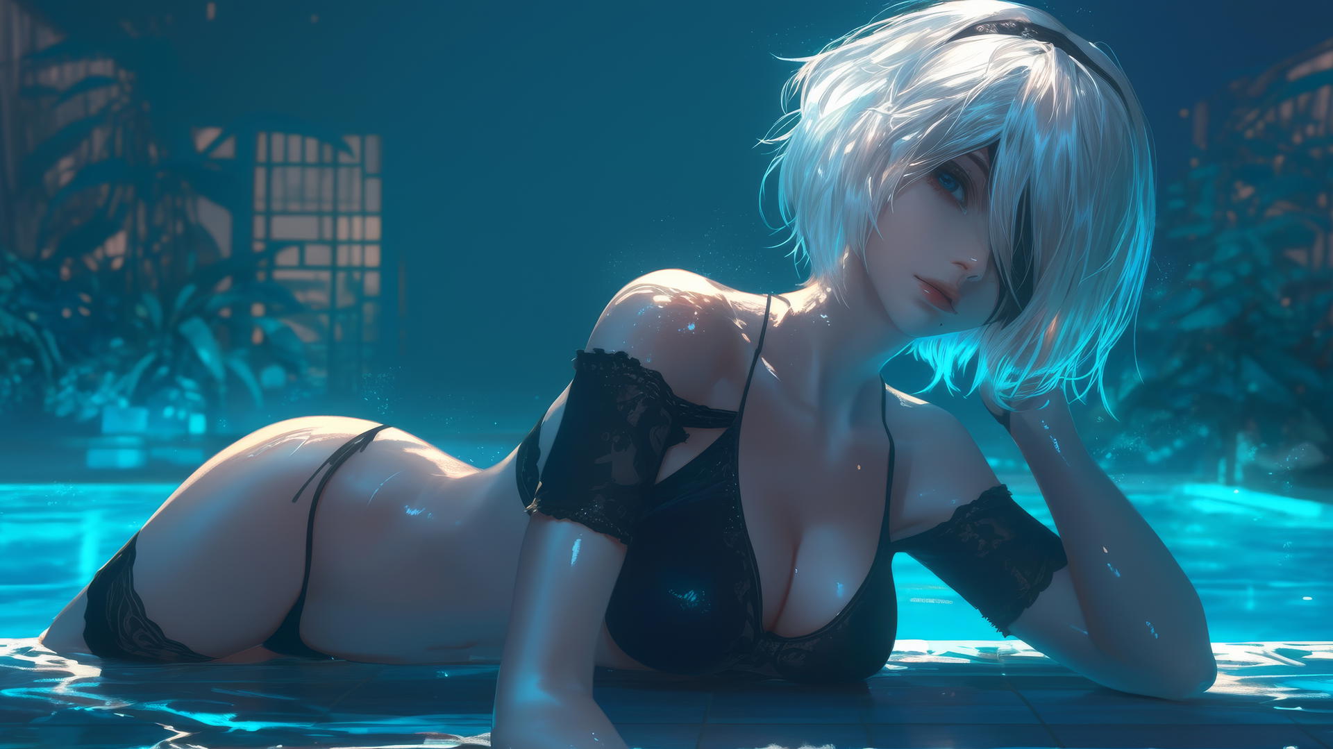 2B from Nier resting by a rainy pool under moonlit glow with short hair