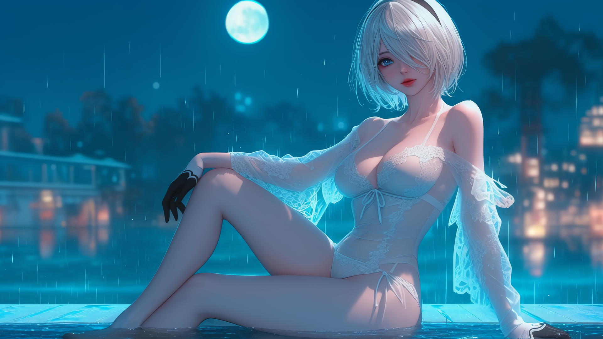 2B from Nier in white pajamas at a rainy pool under moonlight