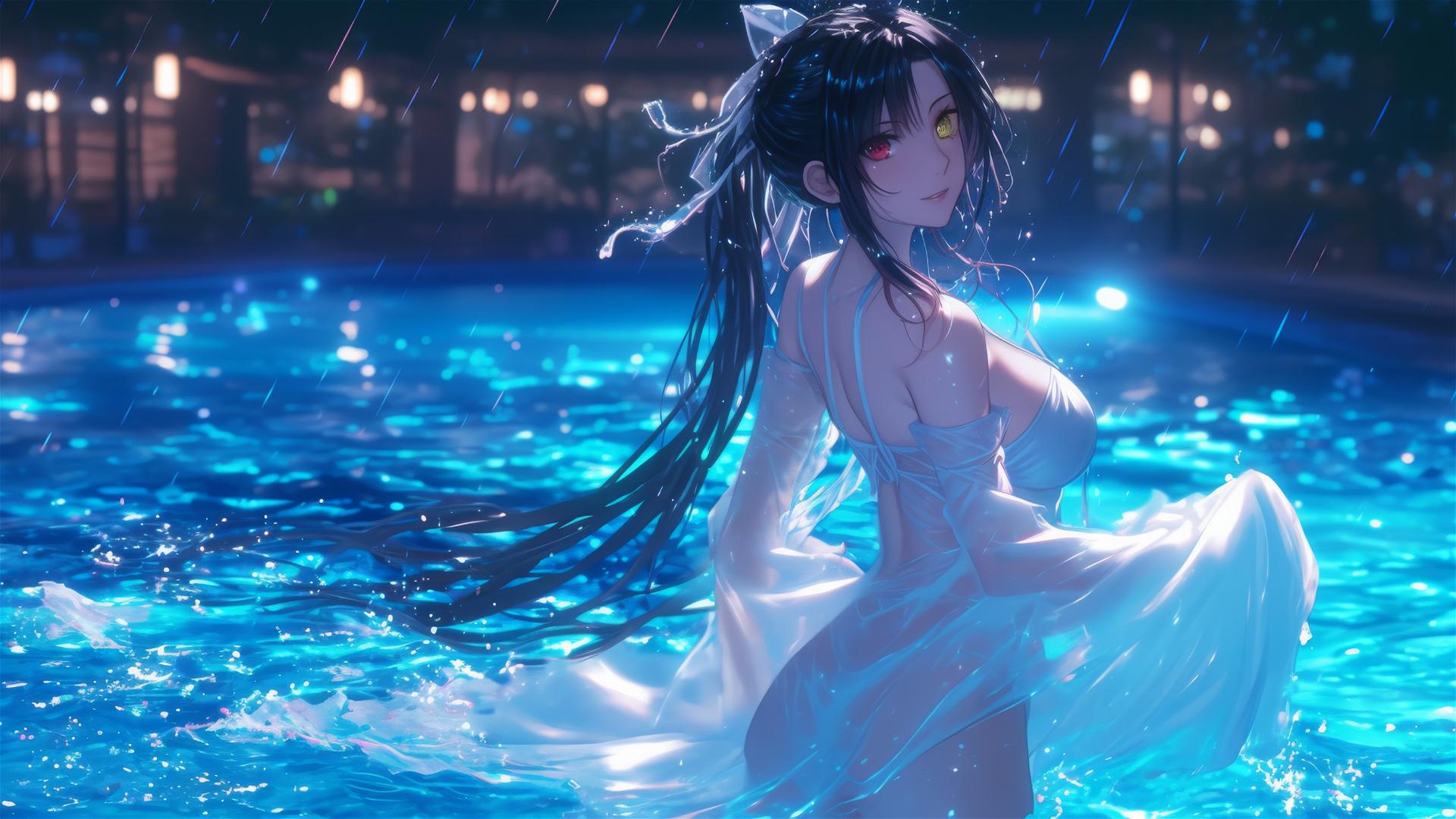 Kurumi Tokisaki with heterochromatic eyes standing in a rainy pool, illuminated by moonlight.