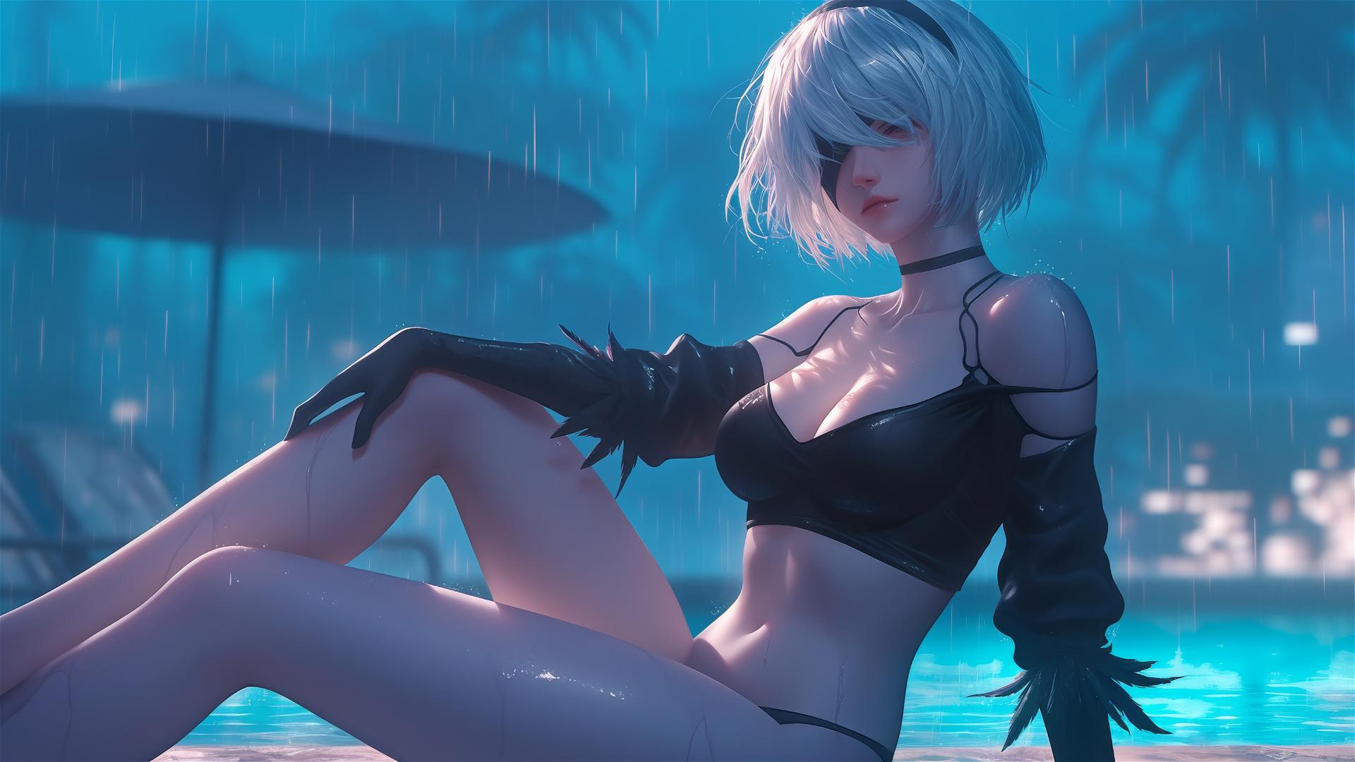 2B from Nier resting by a rainy swimming pool at night with moonlight glow