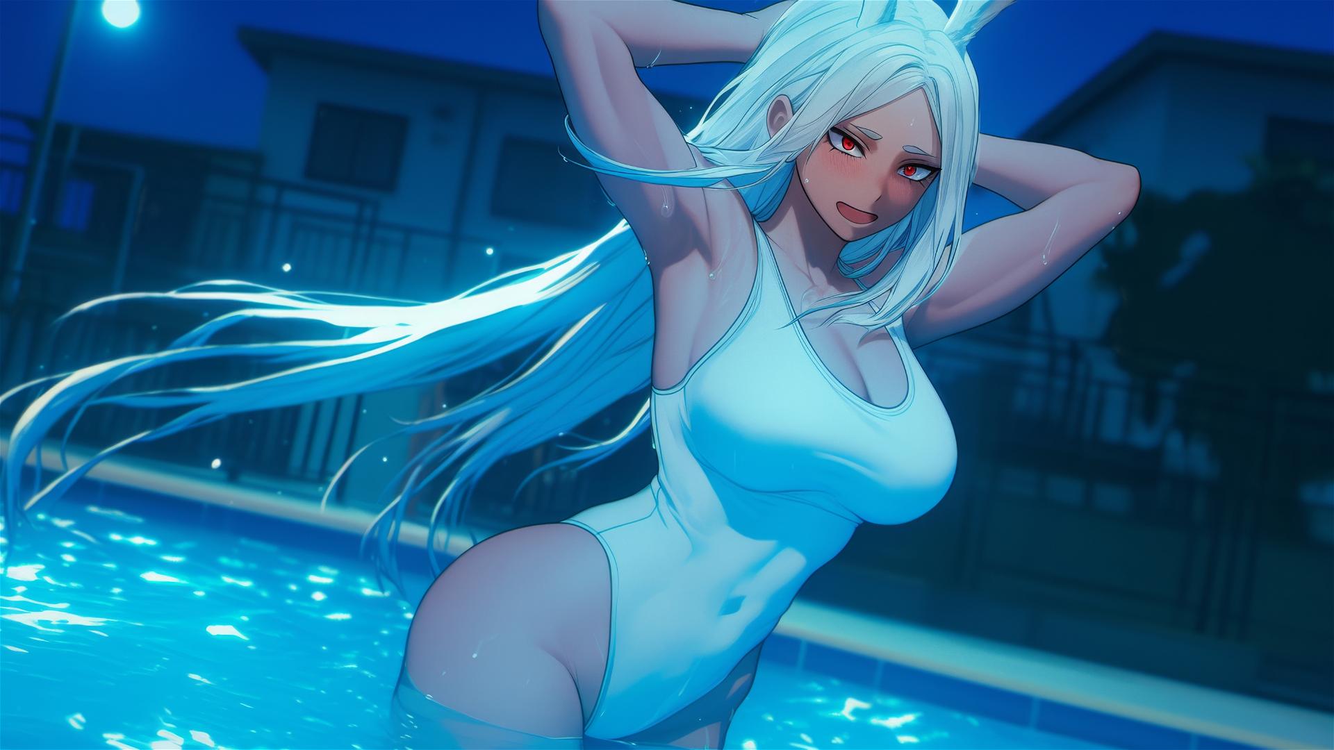 Mirko from My Hero Academia, moonlit muscular figure with albino rabbit features