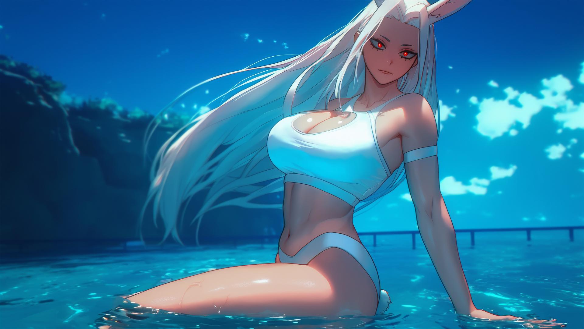 Mirko from My Hero Academia, moonlight on her figure by a pool