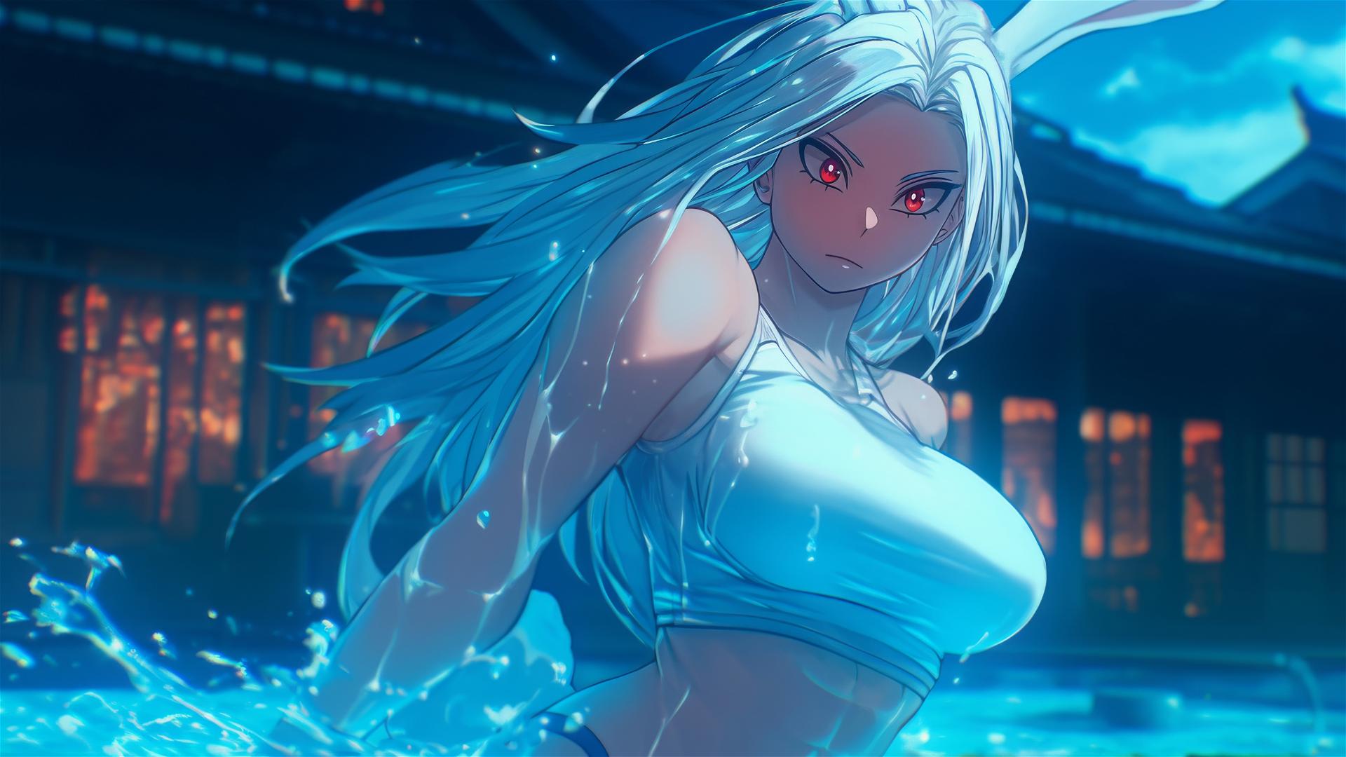 Mirko from My Hero Academia jumping under moonlight, resembling an albino rabbit
