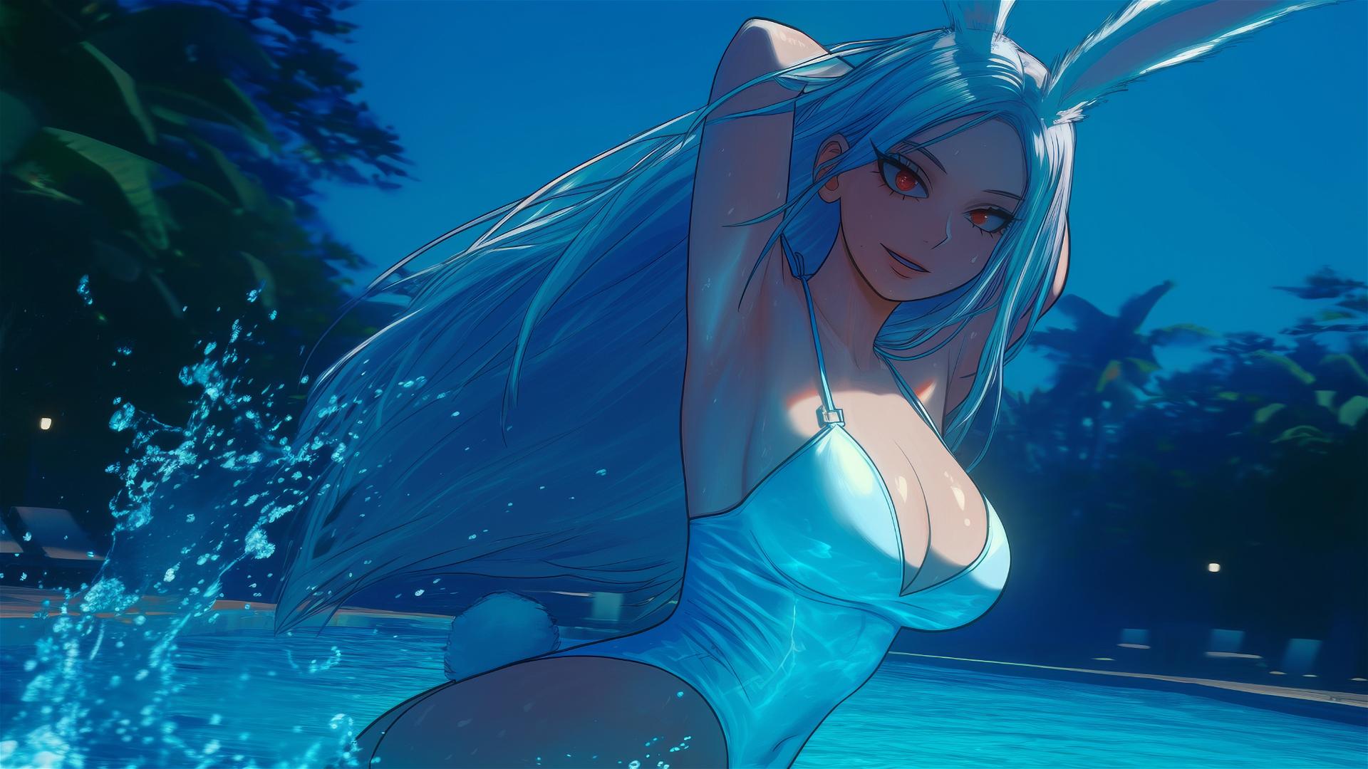 Mirko from My Hero Academia jumping out of moonlit swimming pool, tan skin, white hair, rabbit ears