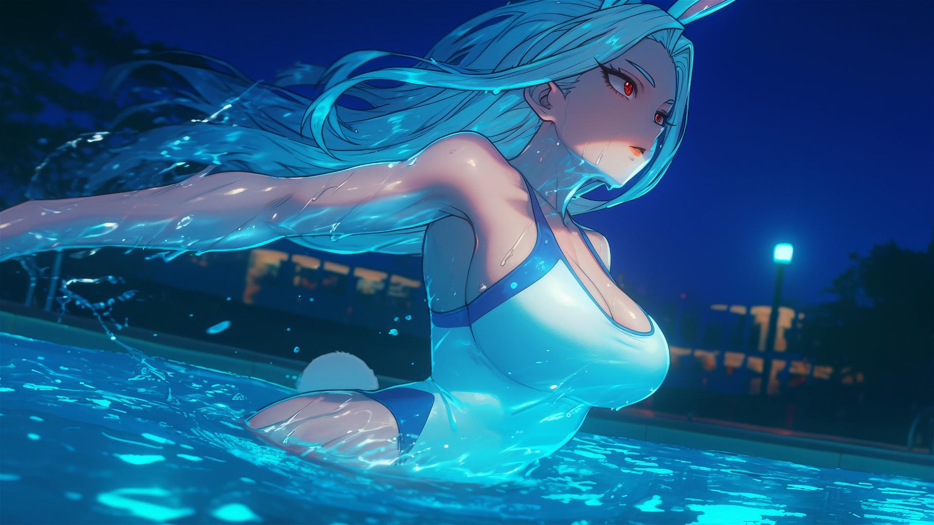 Mirko from My Hero Academia, illuminated by moonlight, jumping from pool