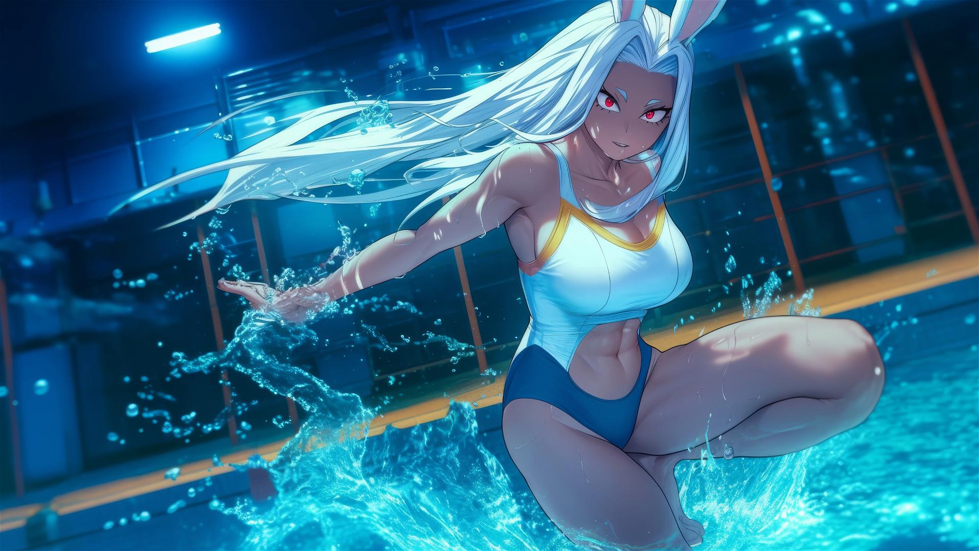 Mirko from My Hero Academia exits pool under moonlight, resembling albino rabbit