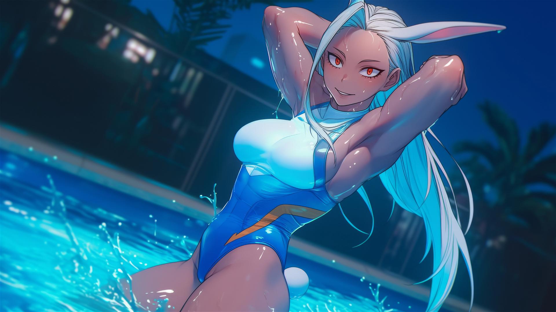 Mirko from My Hero Academia, alights from a pool, bathed in moonlight.