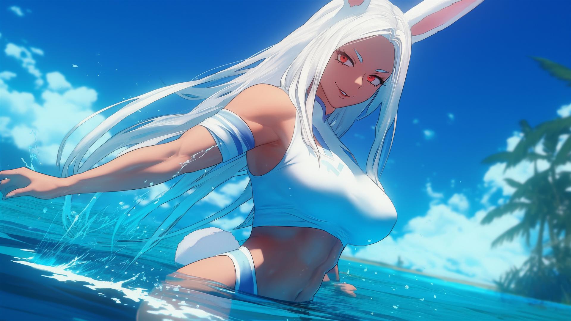 Mirko from My Hero Academia, jumping from a pool under moonlight, resembling an albino rabbit