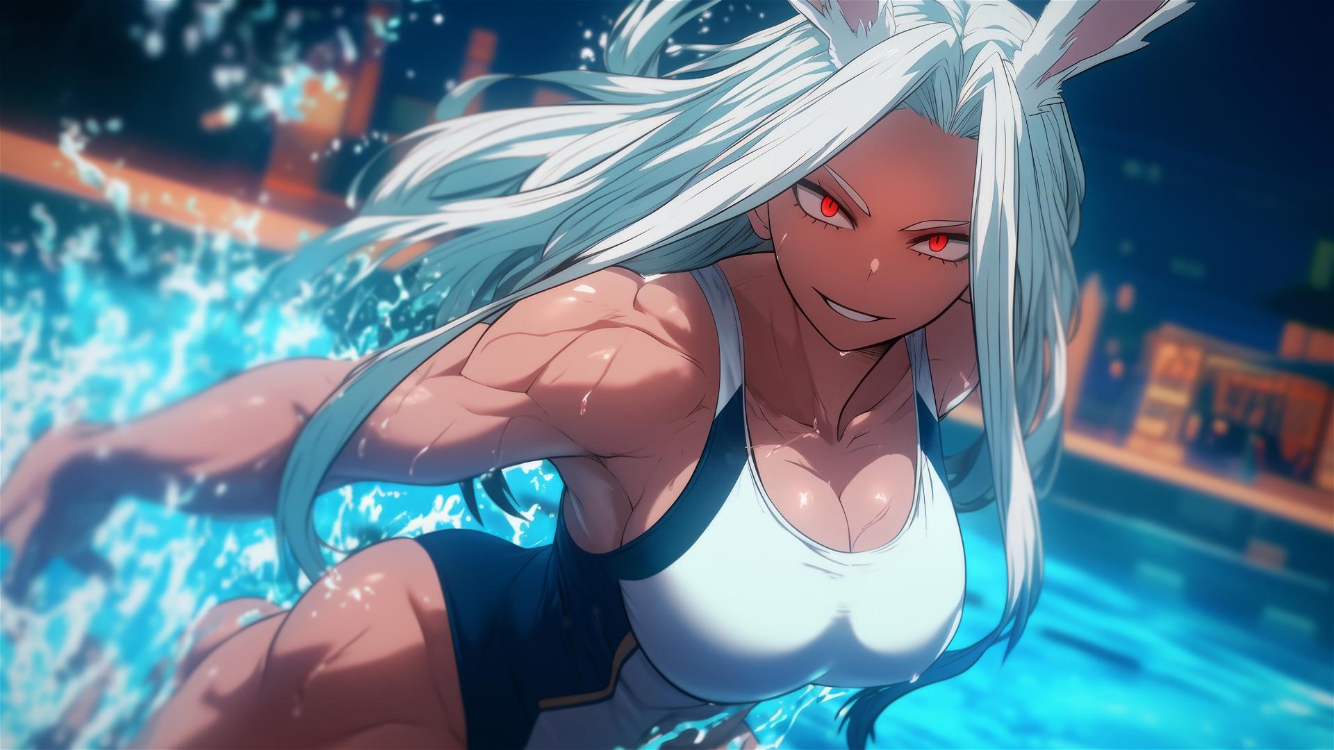 Mirko from My Hero Academia jumps out of a swimming pool under moonlight, showing muscular figure, tan skin, red eyes, and white hair with rabbit features.
