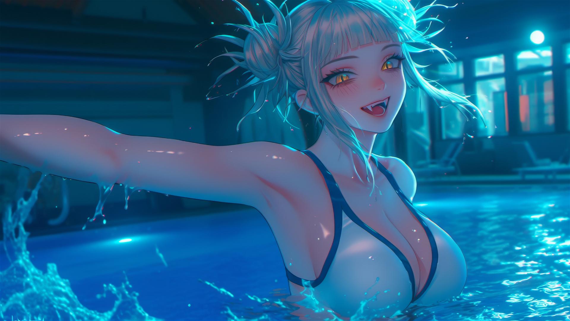 Himiko Toga from My Hero Academia jumping out of a swimming pool under moonlight