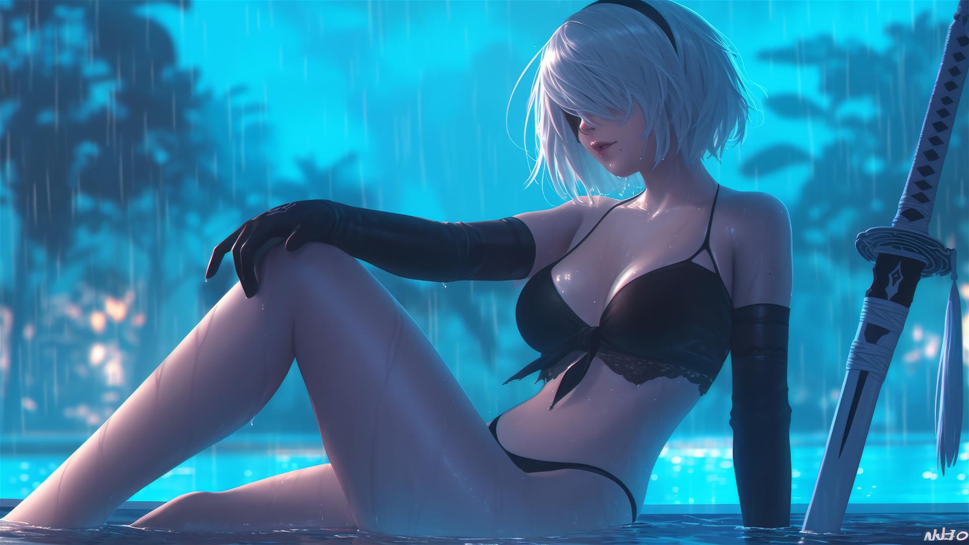 2B from Nier sitting by a moonlit, rainy pool