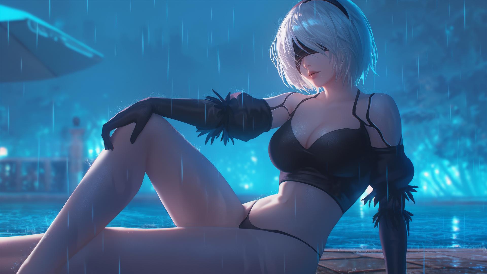 2B from Nier, sitting by a rainy swimming pool with moonlight glowing on her