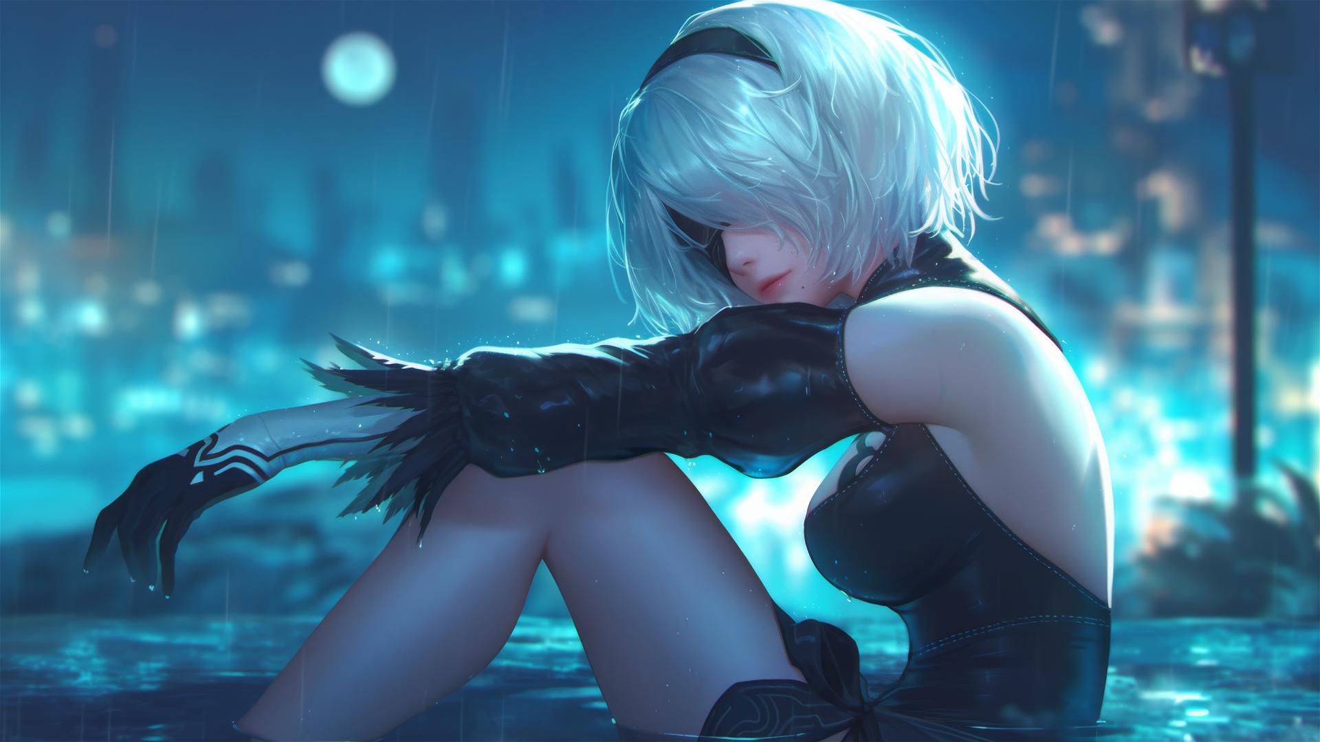 2B from Nier sitting by a rainy swimming pool, moonlight glowing