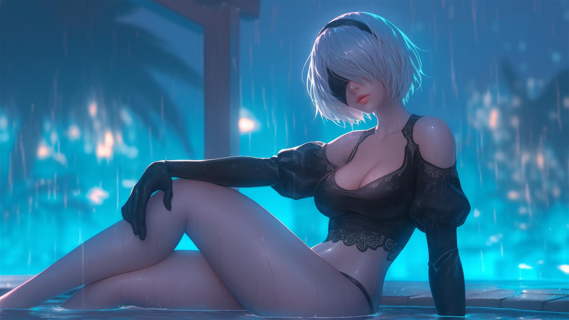2B from Nier sitting by a rainy swimming pool under moonlight