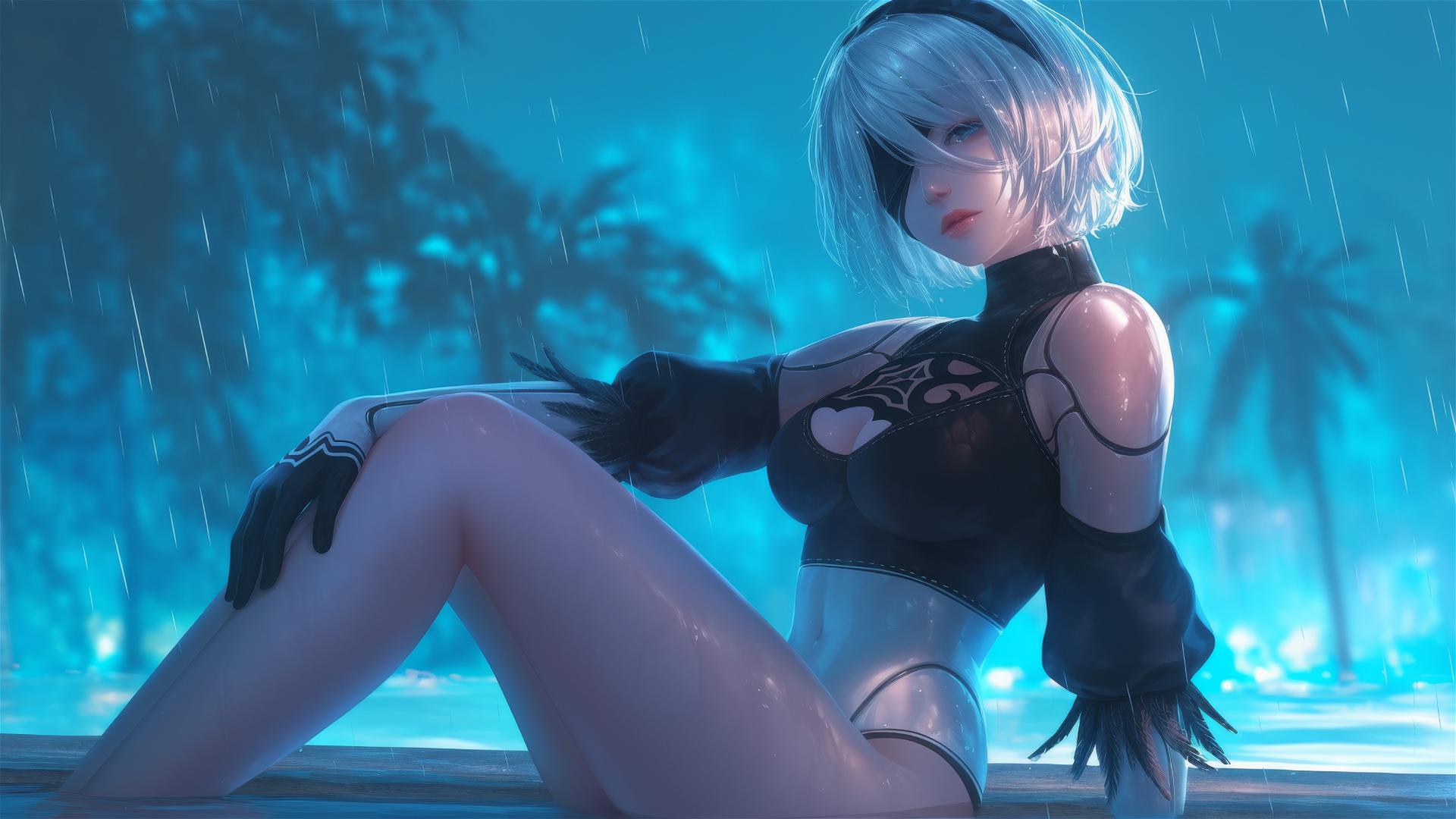 2B from Nier resting by a rainy swimming pool with moonlight glow