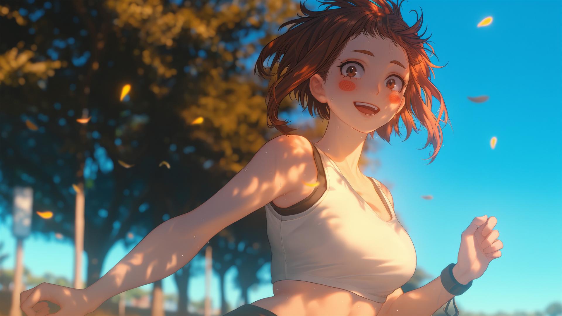 Ochaco Uraraka running in a park during sunrise, pink blush on cheeks