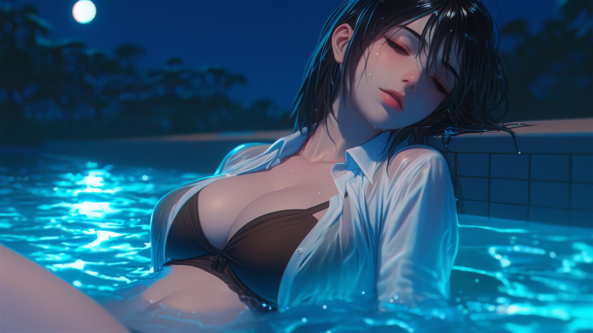 Mikasa Ackerman resting at a rainy pool under moonlight