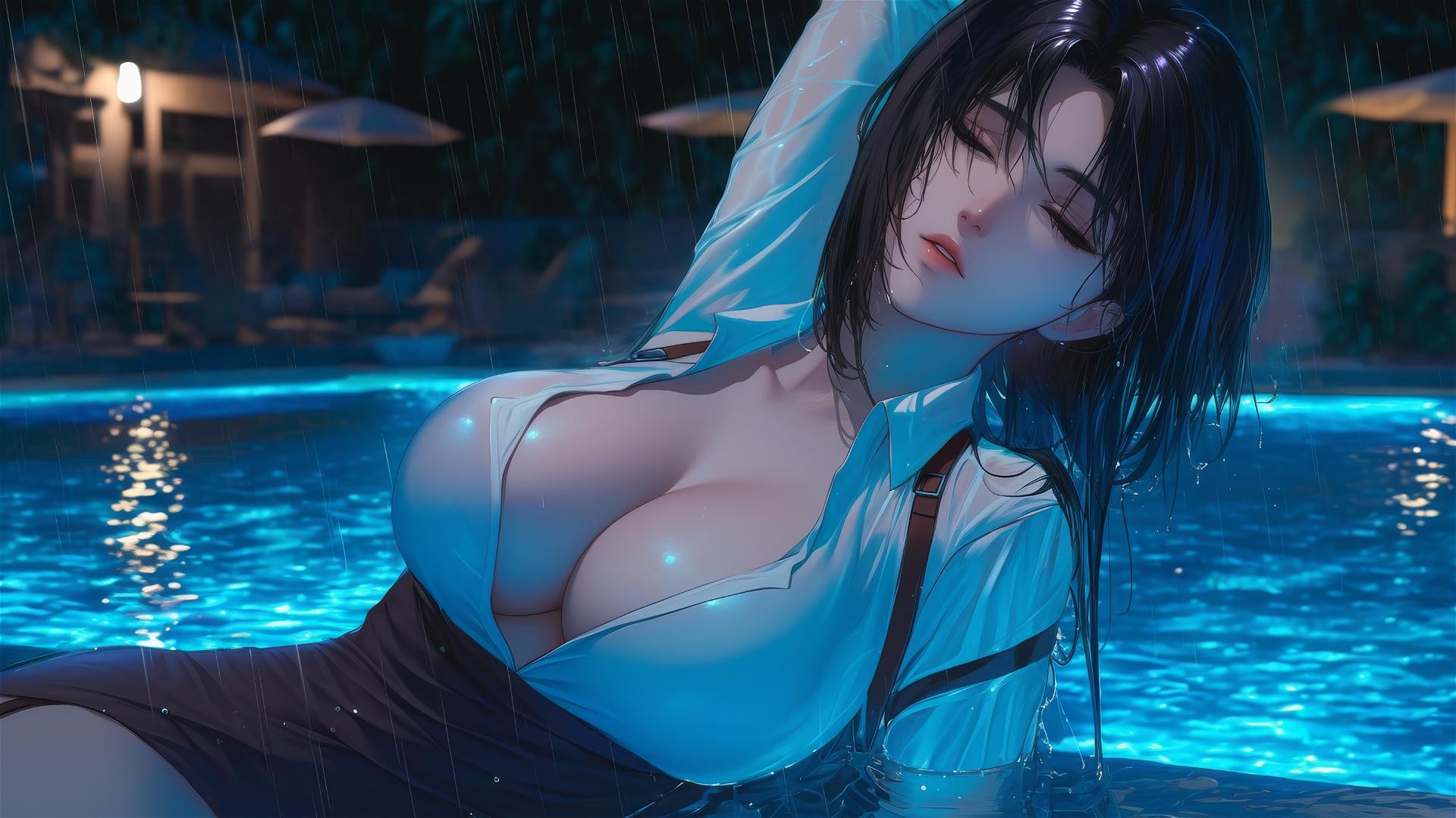 Mikasa Ackerman relaxes by a rainy pool with moonlight glow