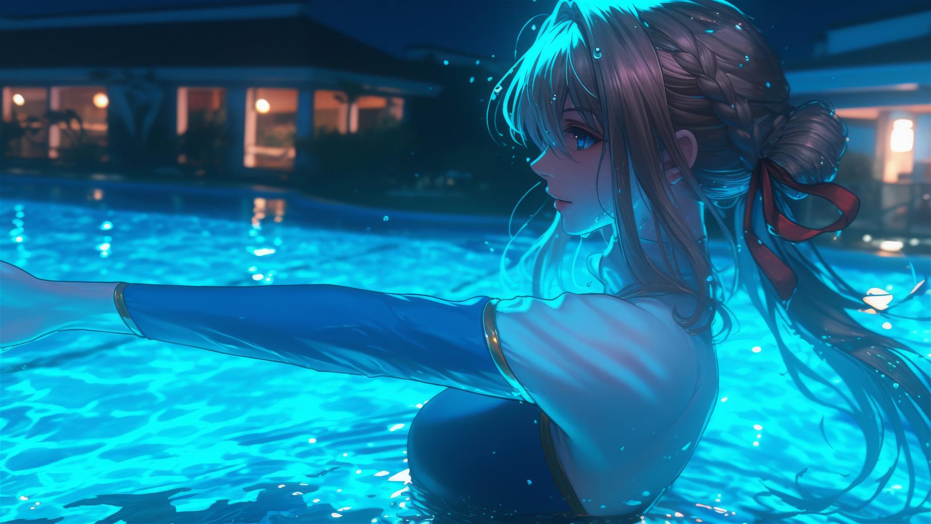 Violet Evergarden exiting a pool under moonlight