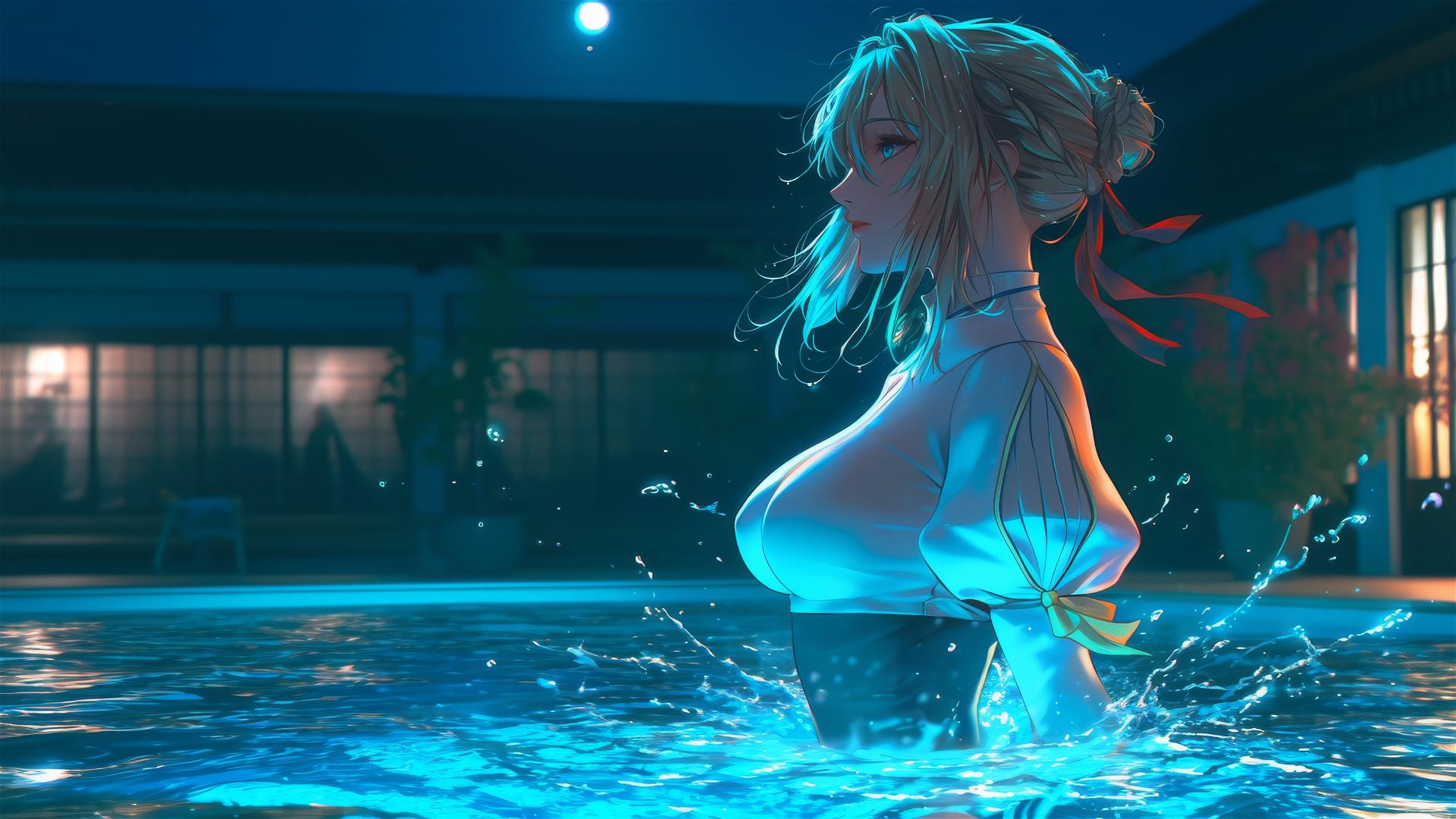 Violet Evergarden jumping out of swimming pool under moonlight.