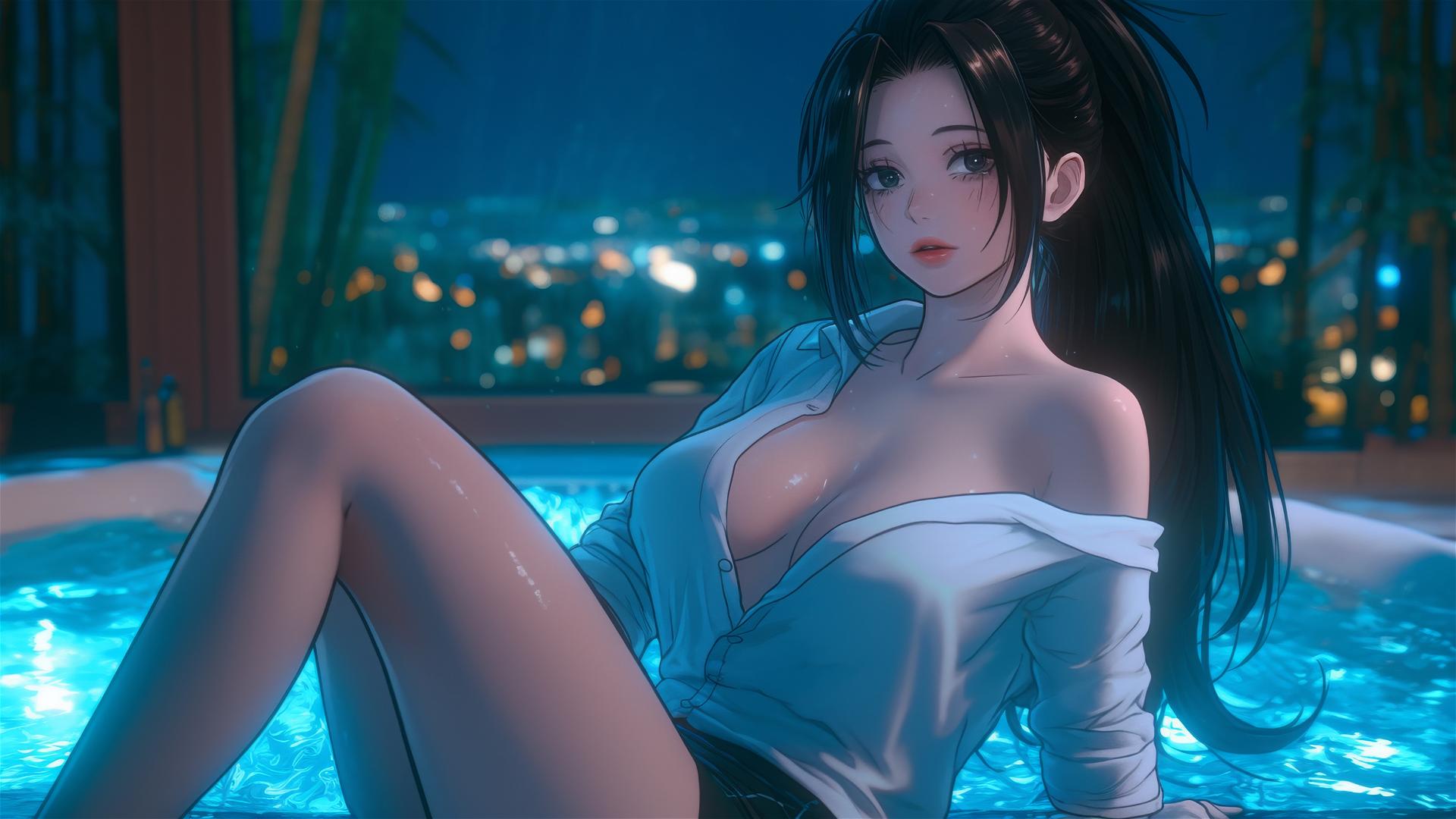 Momo Yaoyorozu from My Hero Academia resting in a tub with moonlight glow.