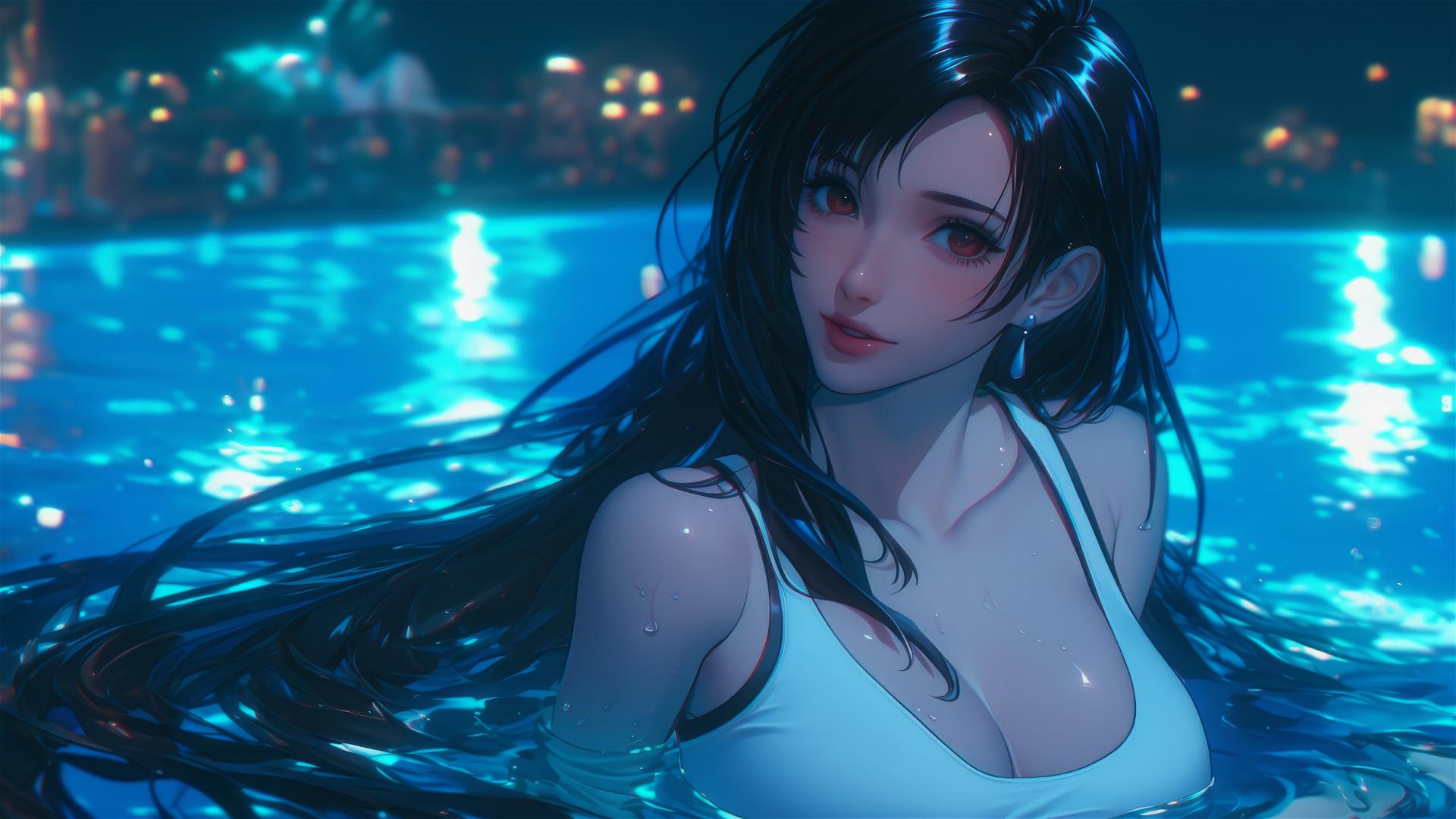 Tifa Lockhart resting by a moonlit swimming pool