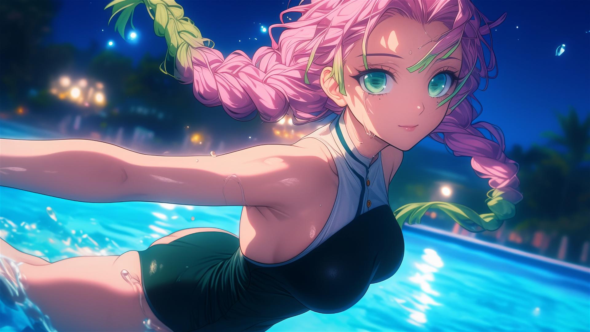 Mitsuri Kanroji jumping from a pool under moonlight, hair pink to lime green