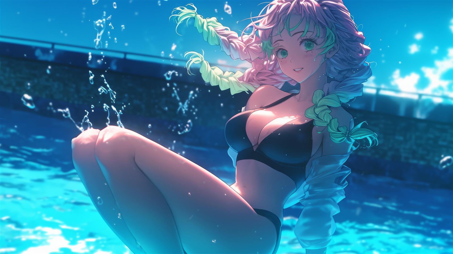 Mitsuri Kanroji from Demon Slayer, jumping out of a pool under soft moonlight with fading pink to green hair.