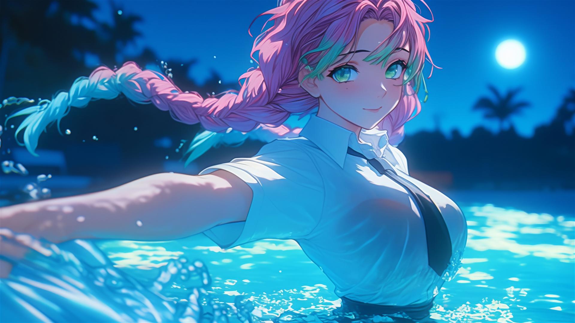 Mitsuri Kanroji, from Demon Slayer, exiting pool under moonlight