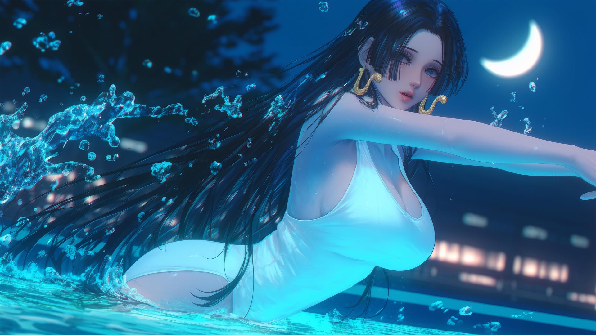 Boa Hancock from One Piece jumping high out of a swimming pool under moonlight.