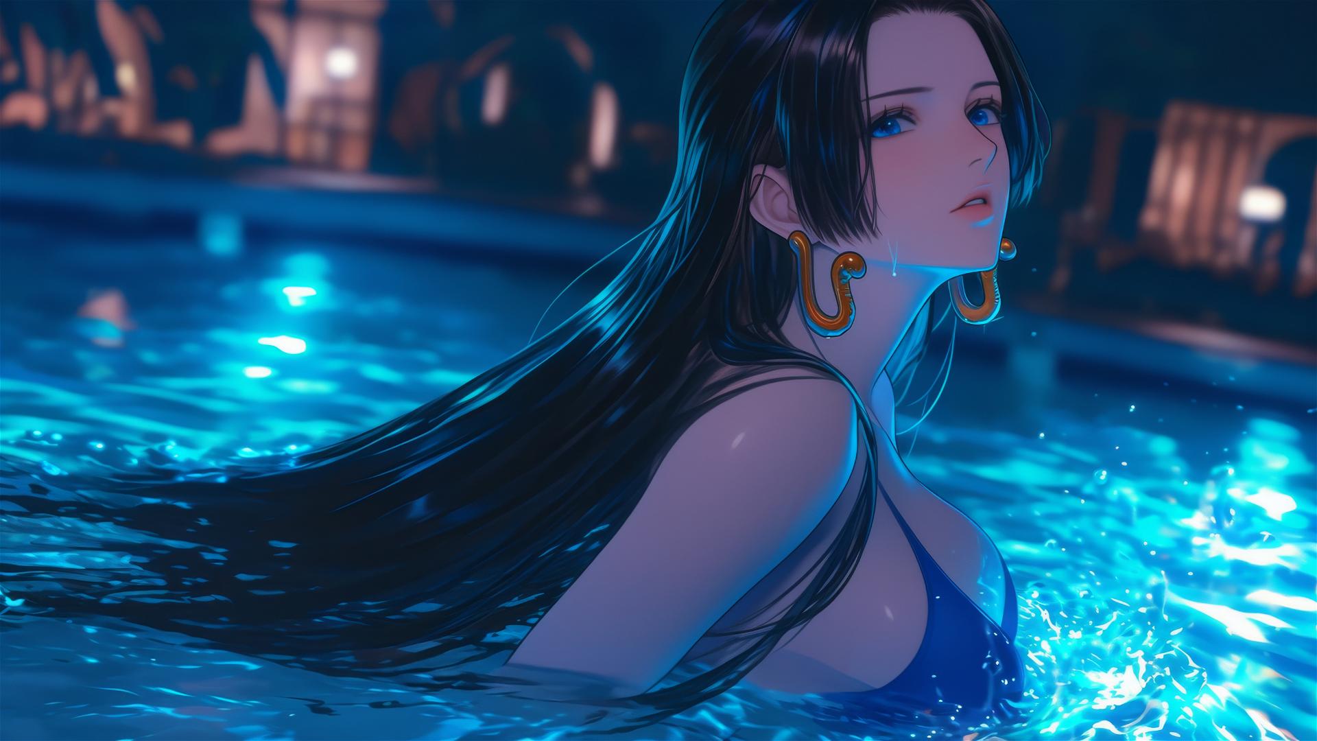 Boa Hancock from One Piece jumps from a pool under moonlight