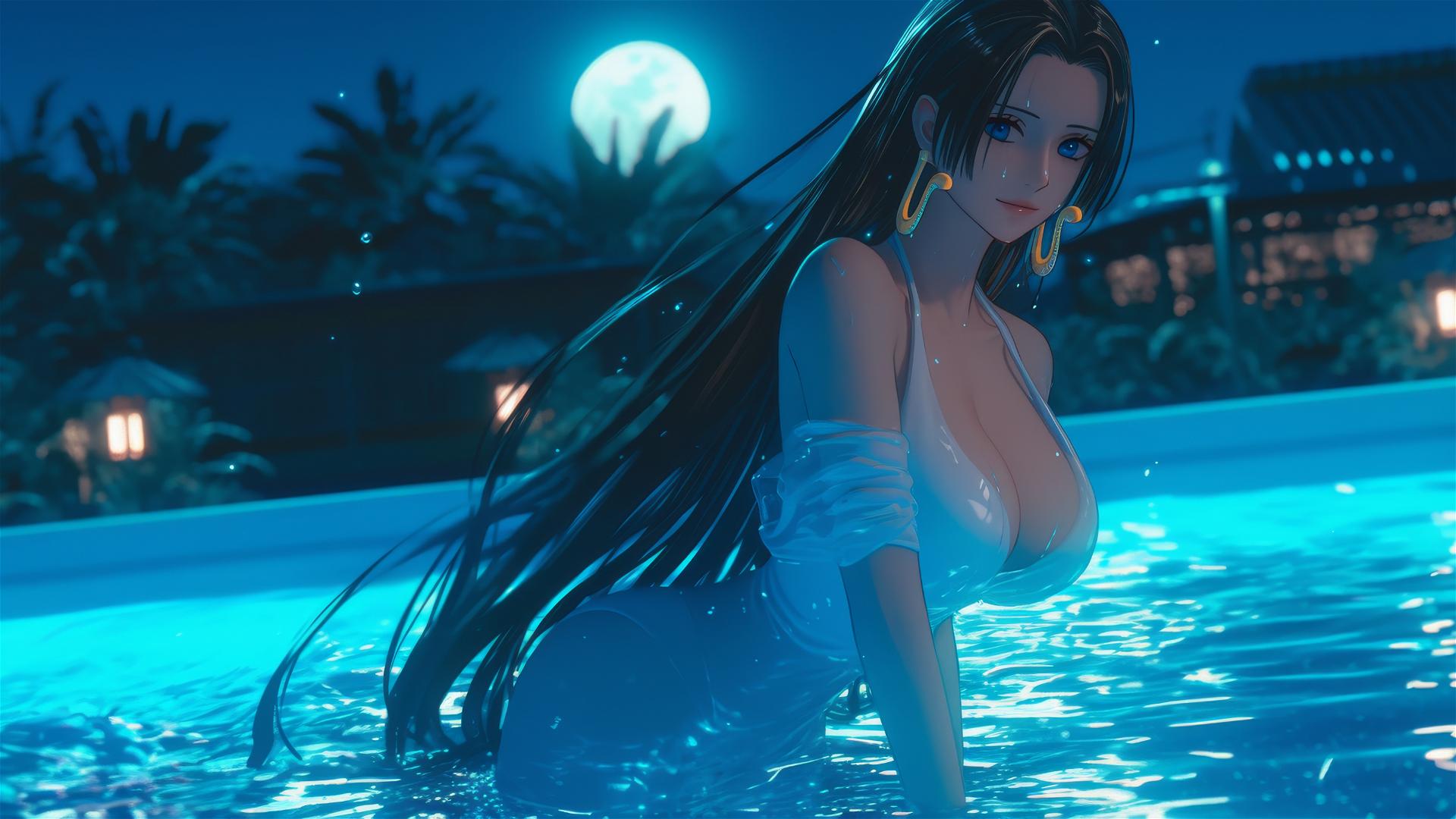 Boa Hancock from One Piece jumping high out of a swimming pool under moonlight.