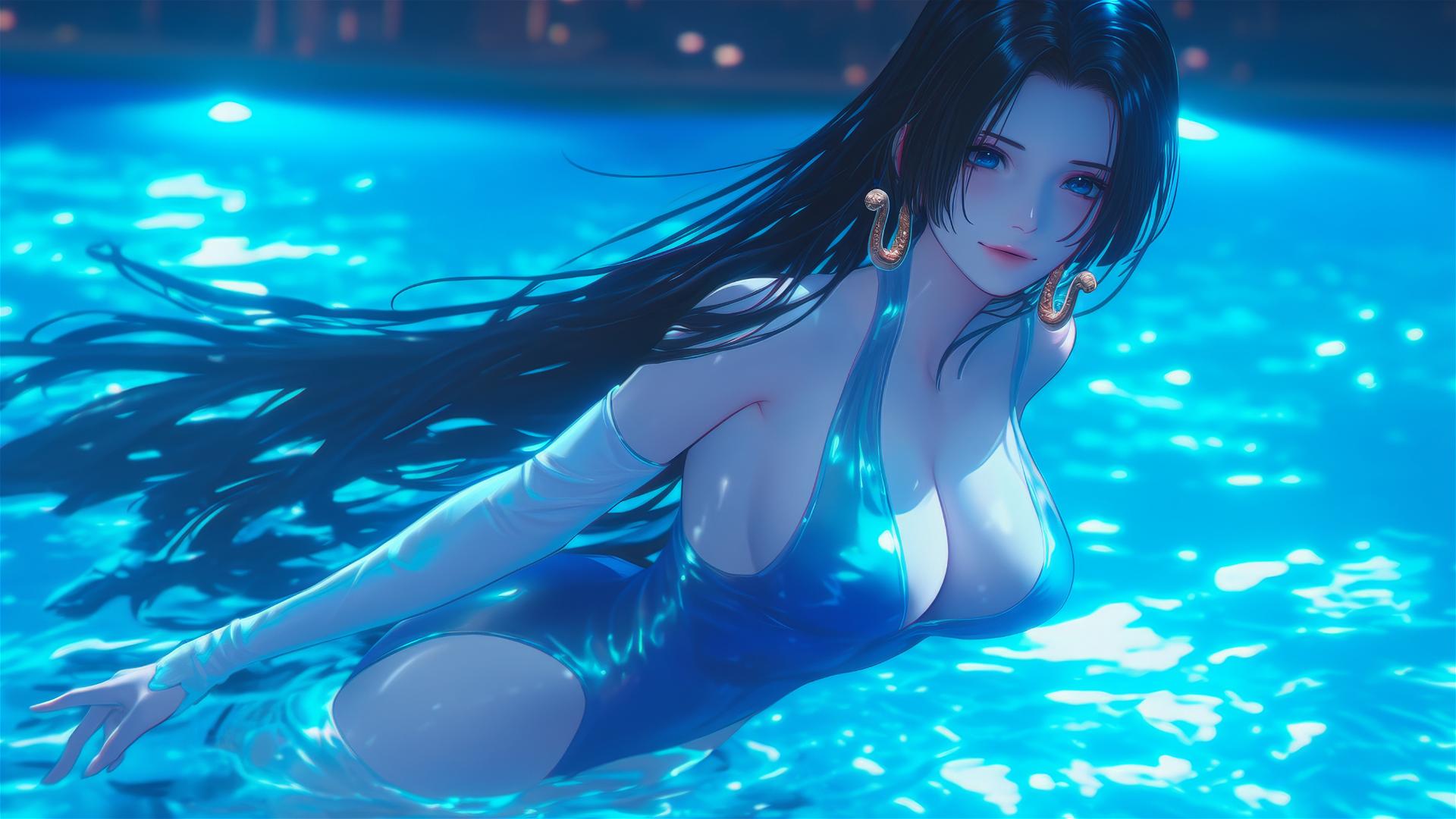High angle view of Boa Hancock from One Piece jumping out of a swimming pool with moonlight glow.