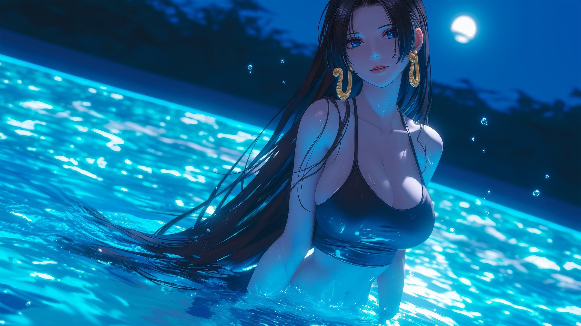Boa Hancock from One Piece jumping high out of a swimming pool under moonlight.