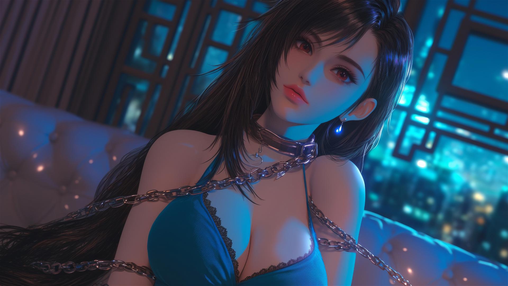 High angle view of Tifa Lockhart in red, chained in a hotel room, bathed in warm light