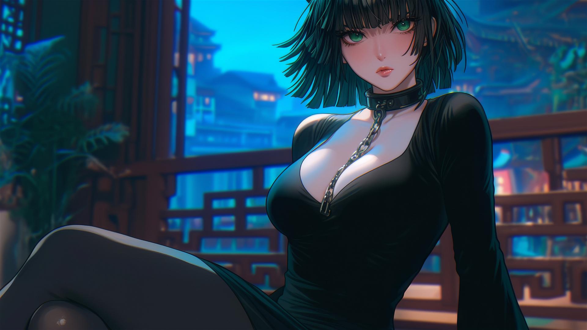Fubuki as a cat girl in chains under neon light in a hotel room