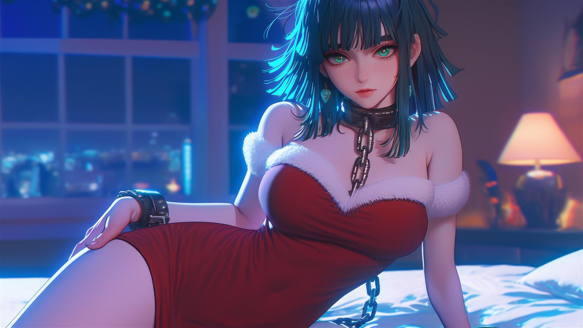 Fubuki from One Punch Man in a Christmas costume, chained in a neon-lit hotel room.
