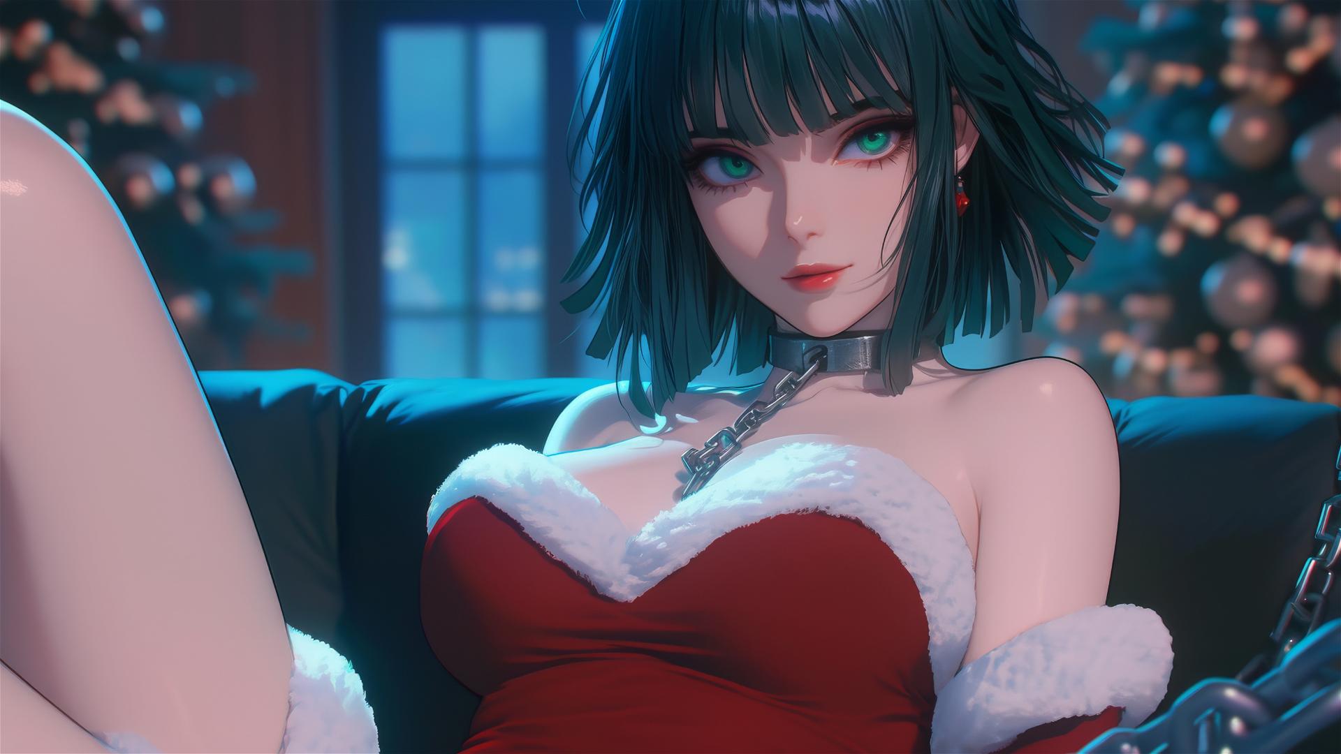 Fubuki from One Punch Man in Christmas costume, chained in neon-lit hotel room with pink background