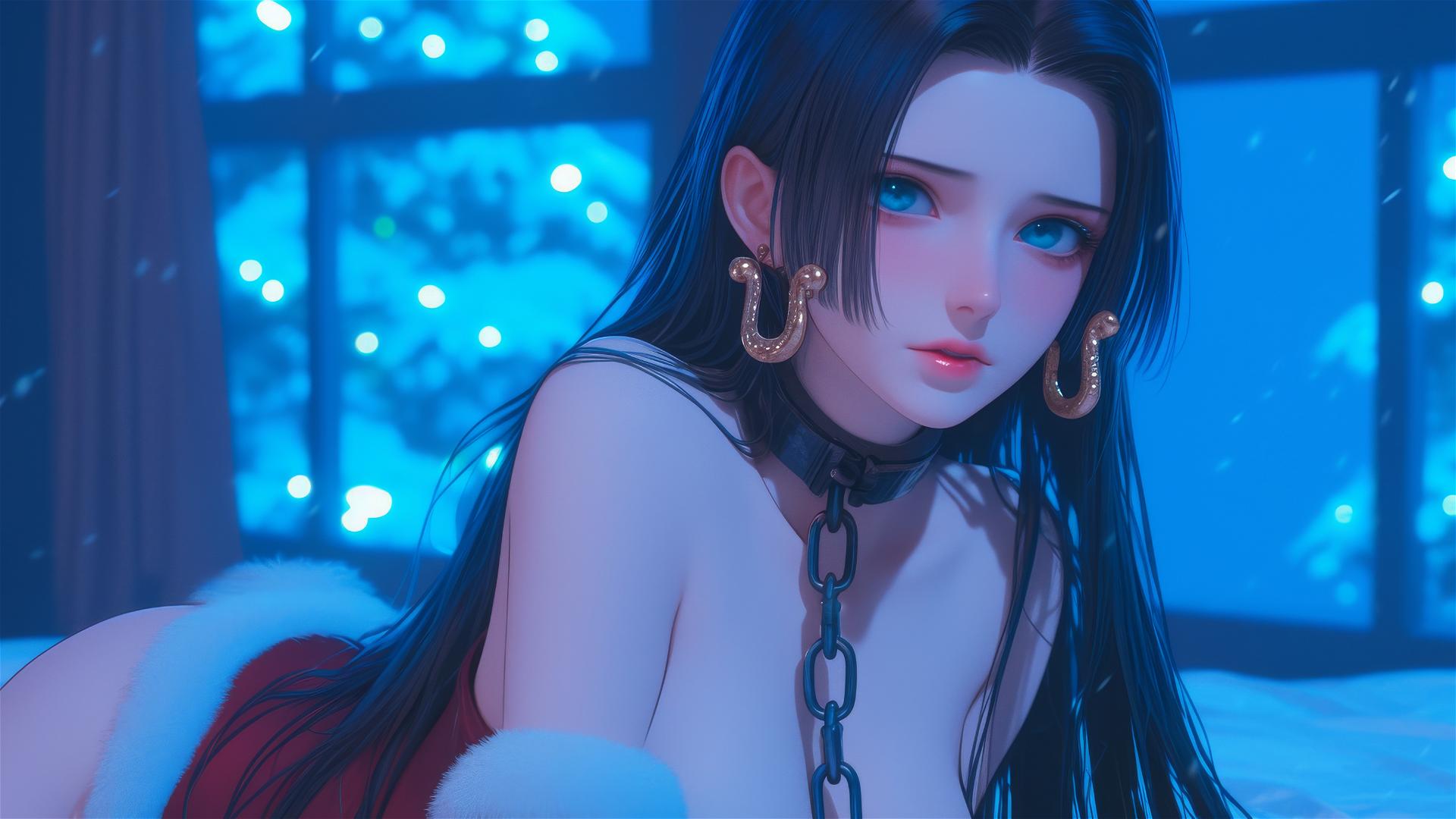 Boa Hancock from One Piece in a Christmas costume, chained, in neon-lit hotel room
