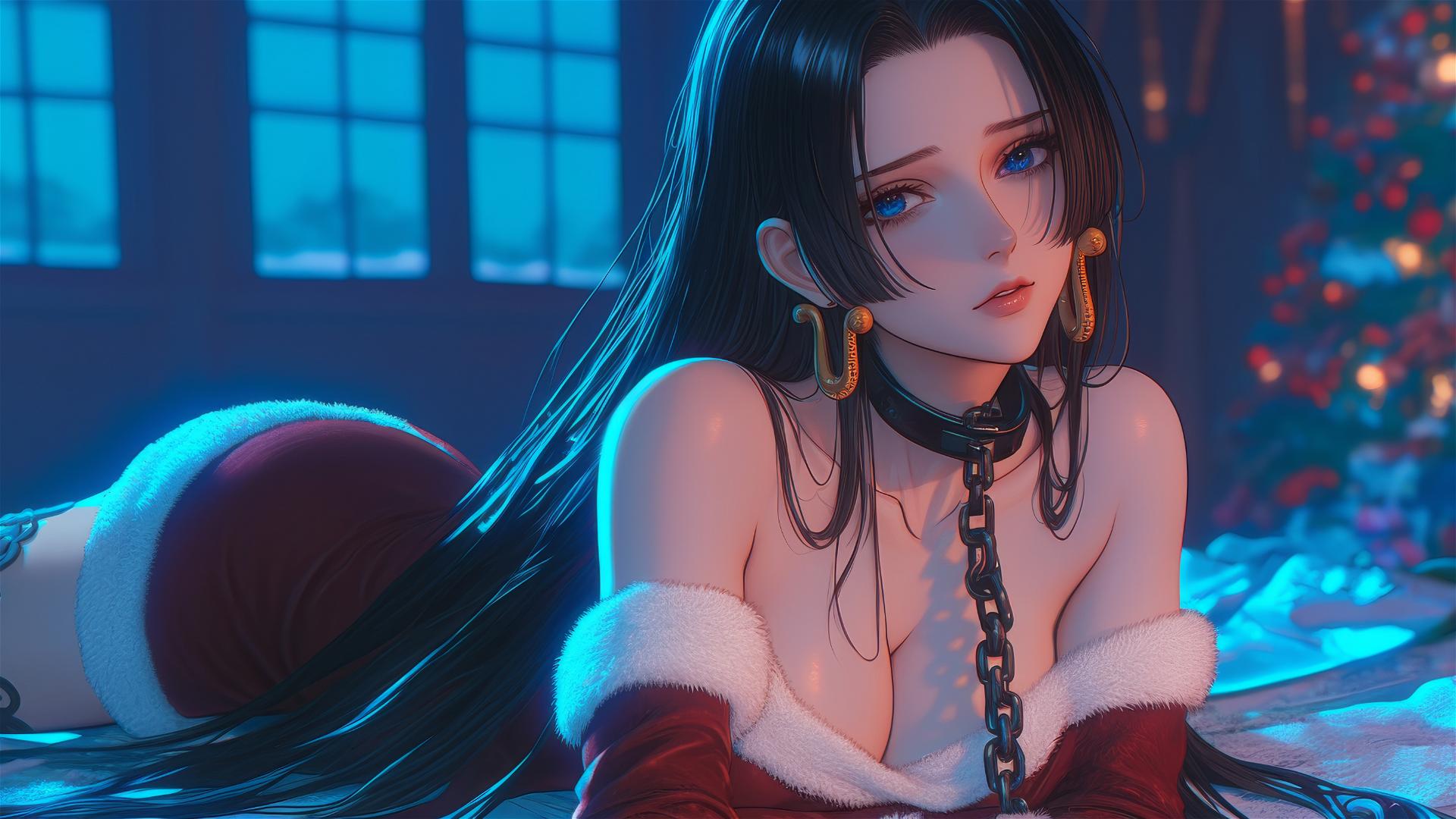 Boa Hancock in Christmas costume, chained in a neon-lit modern hotel room.