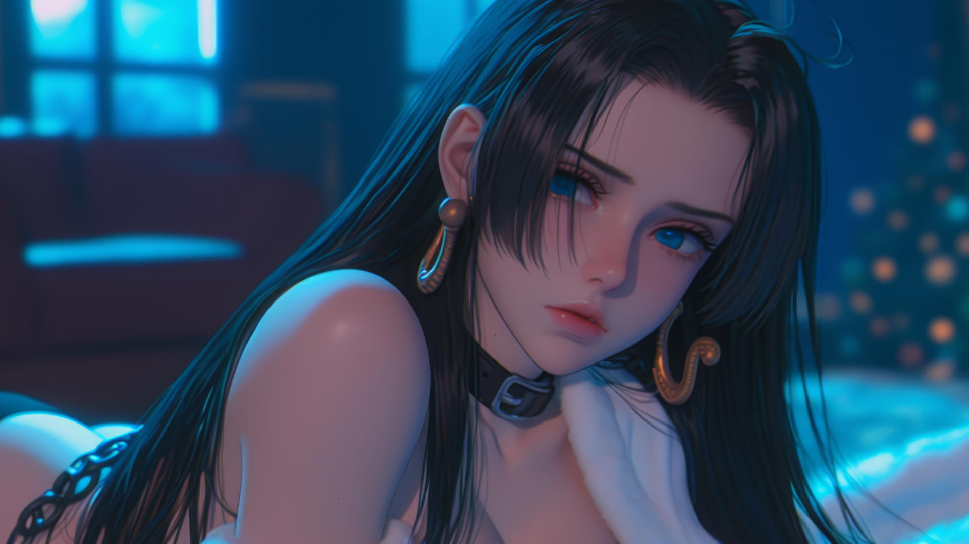 Boa Hancock from One Piece in a Christmas costume, chained, neon-lit hotel room.