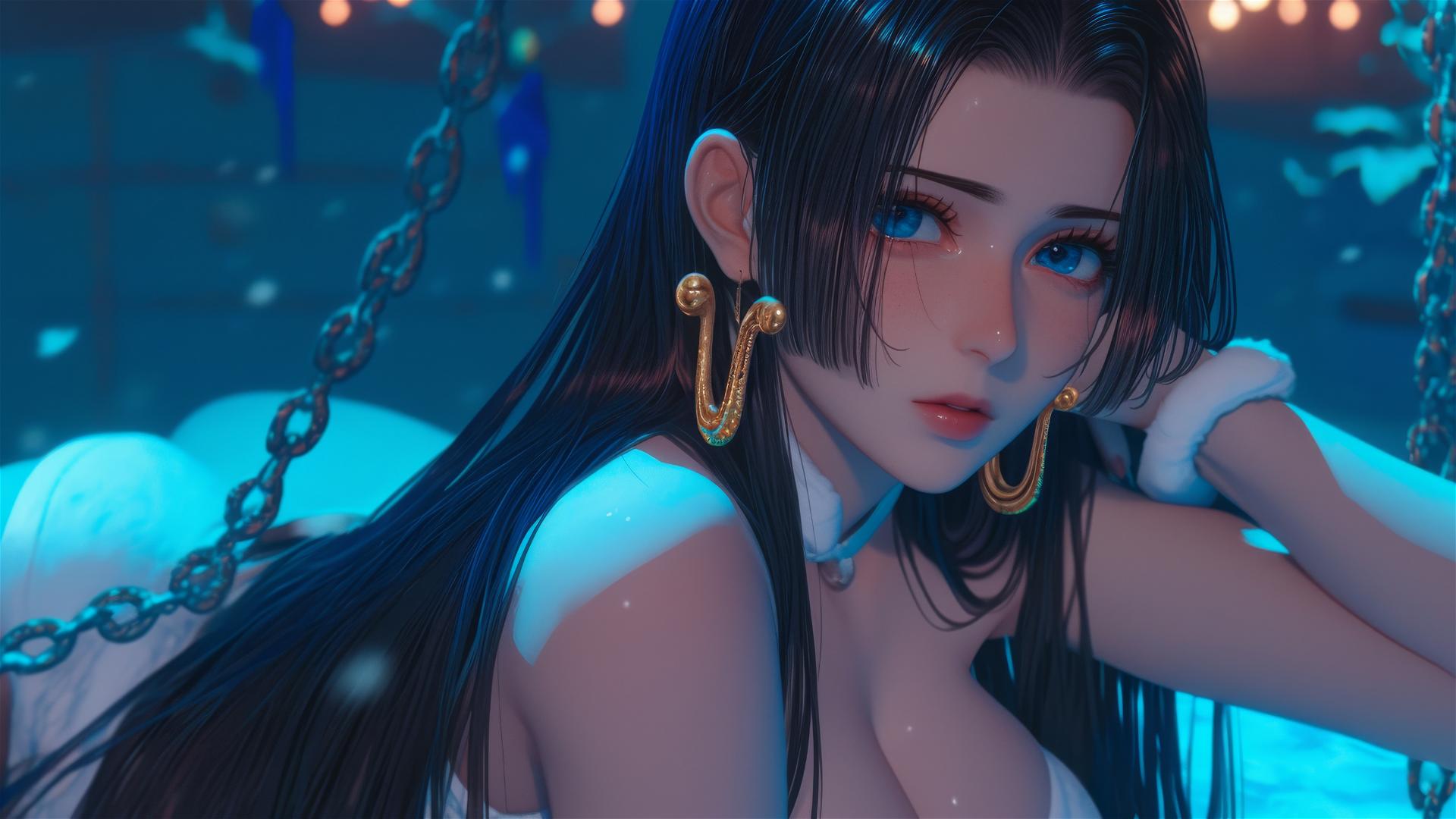 Boa Hancock in a Christmas costume, chained, neon-lit modern hotel room.