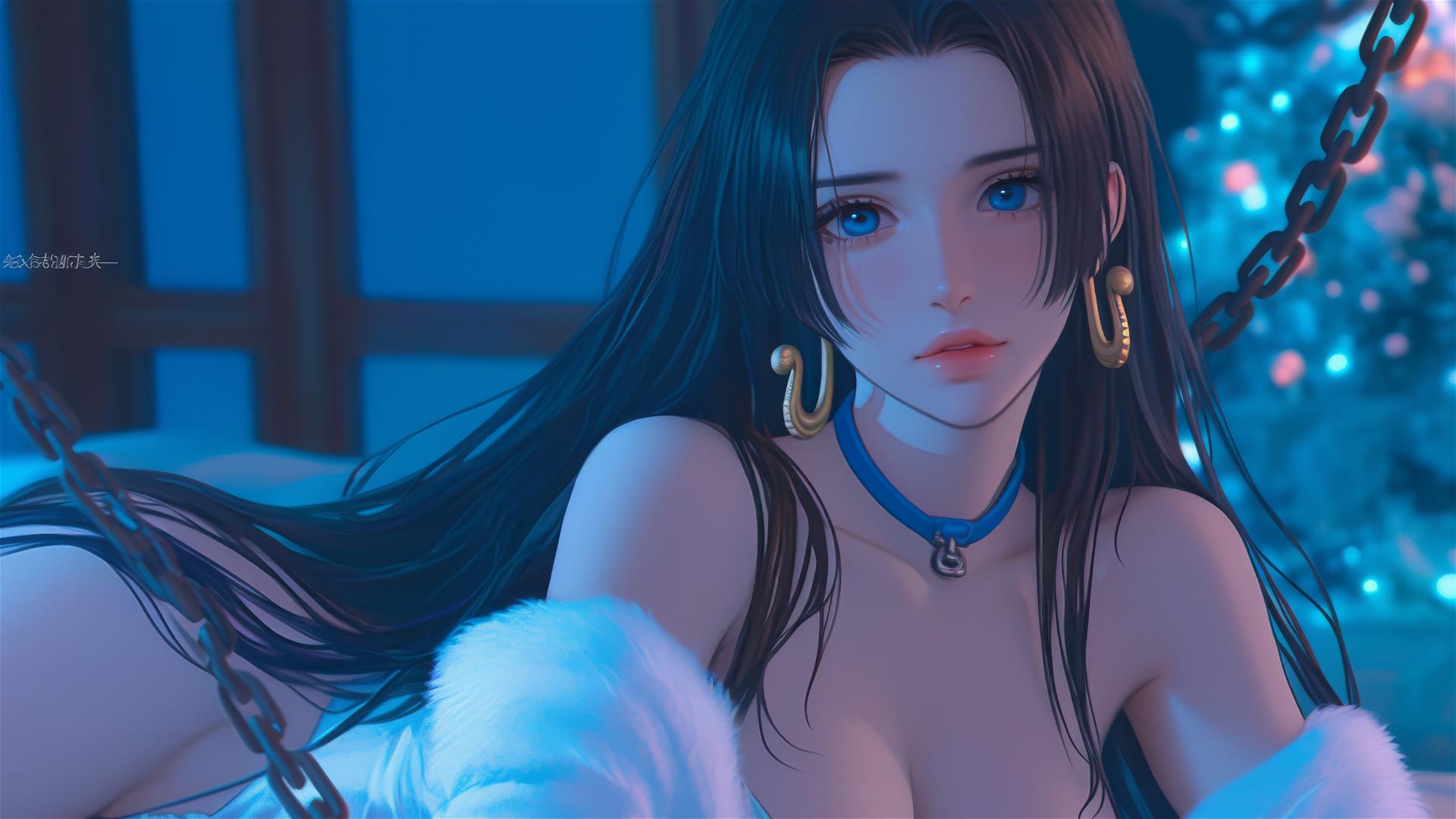 Boa Hancock in Christmas costume, chained, sitting in a neon-lit modern hotel room