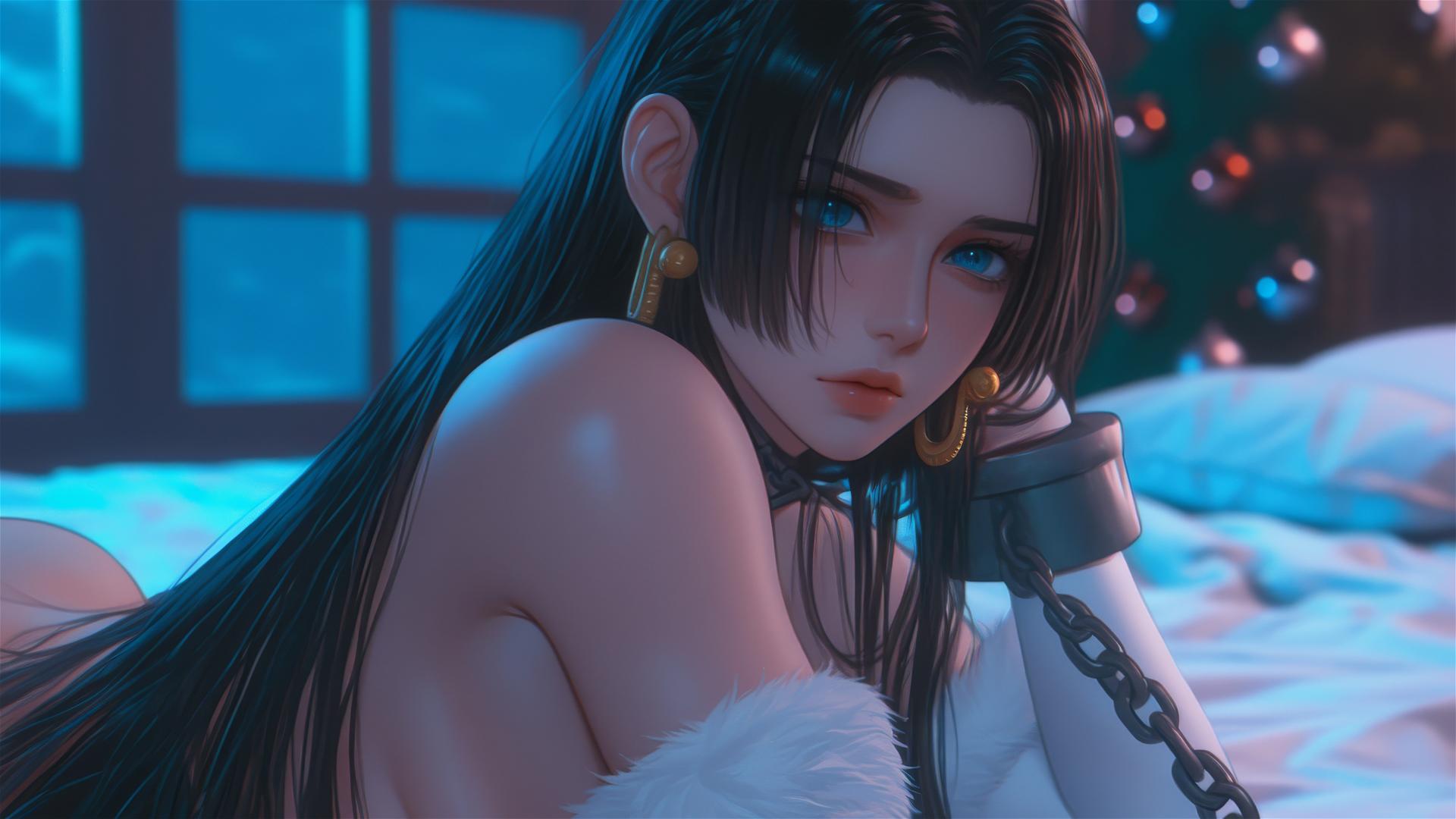 Boa Hancock from One Piece in Christmas costume, chained, neon light, modern hotel room