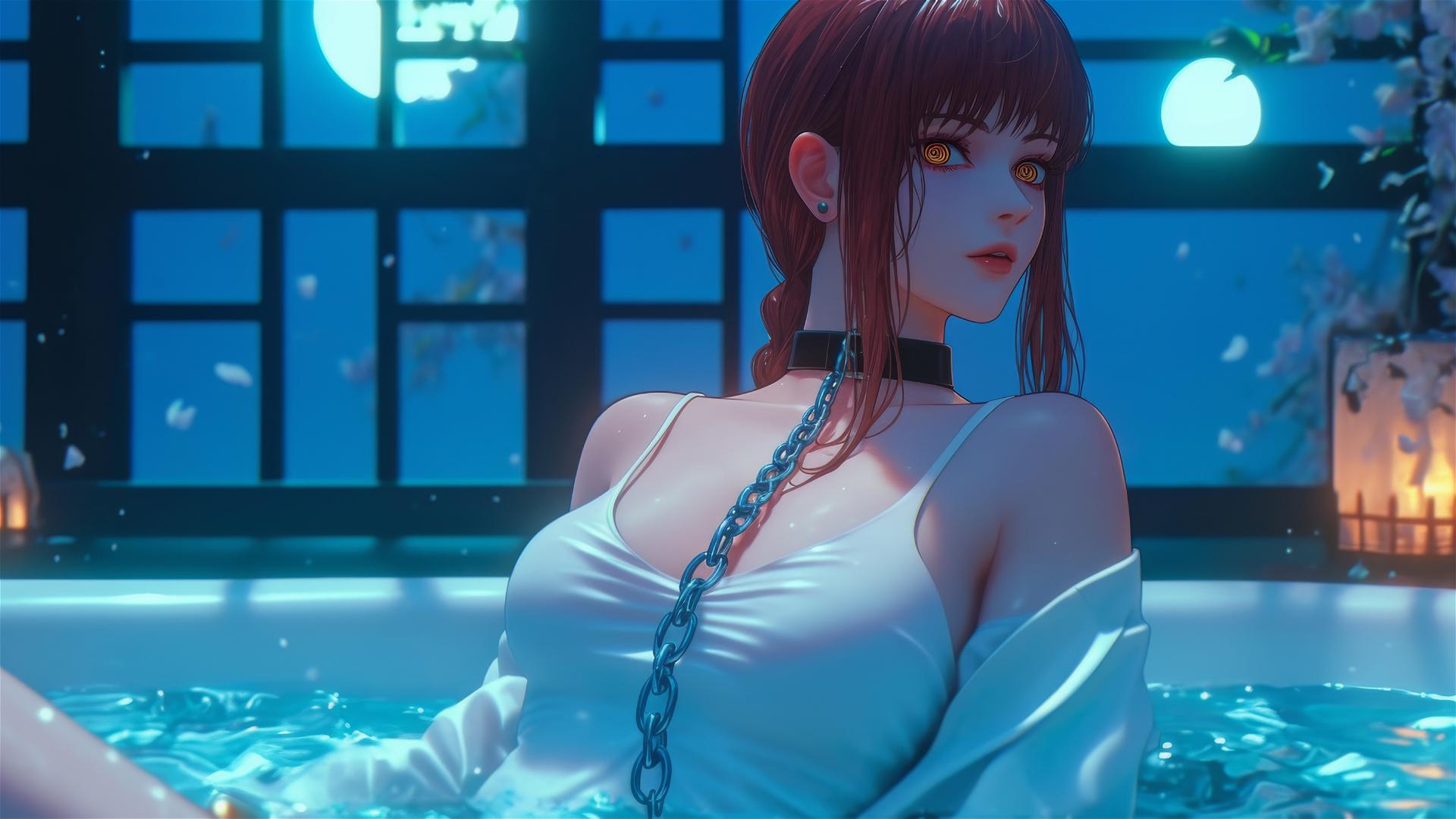 Makima from Chainsaw Man, neck locked with iron chains, resting in tub, moonlight glow